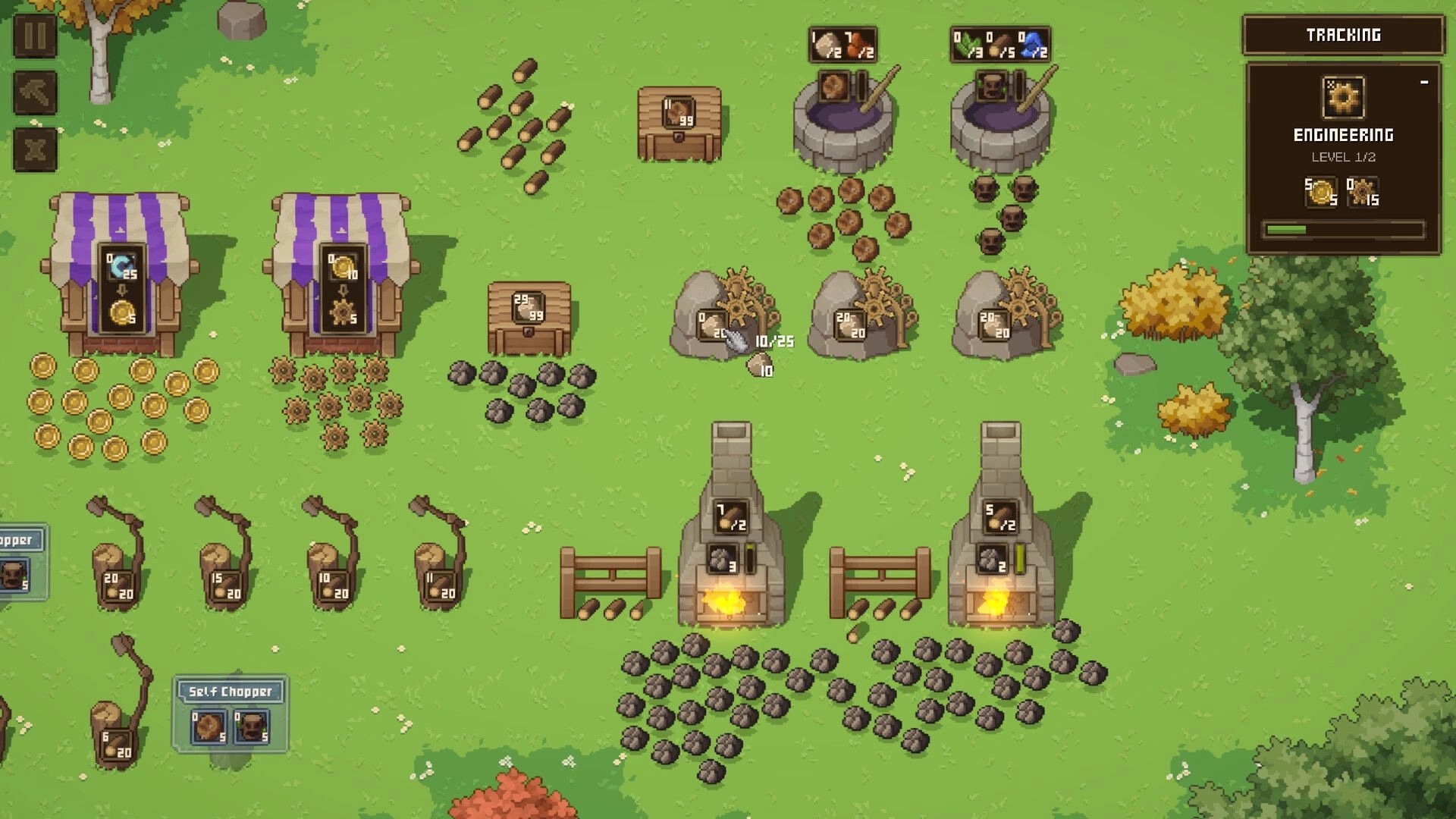 Forage Wizard: Resource gathering area with crafting stations, coin piles, and a tracking interface