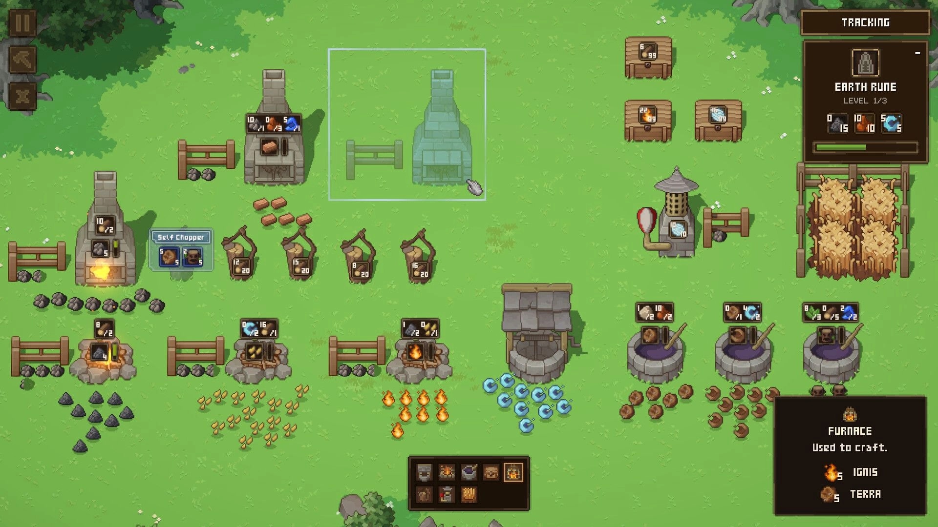 Forage Wizard: Resource management UI with crafting stations, crops, and inventory in grassy area