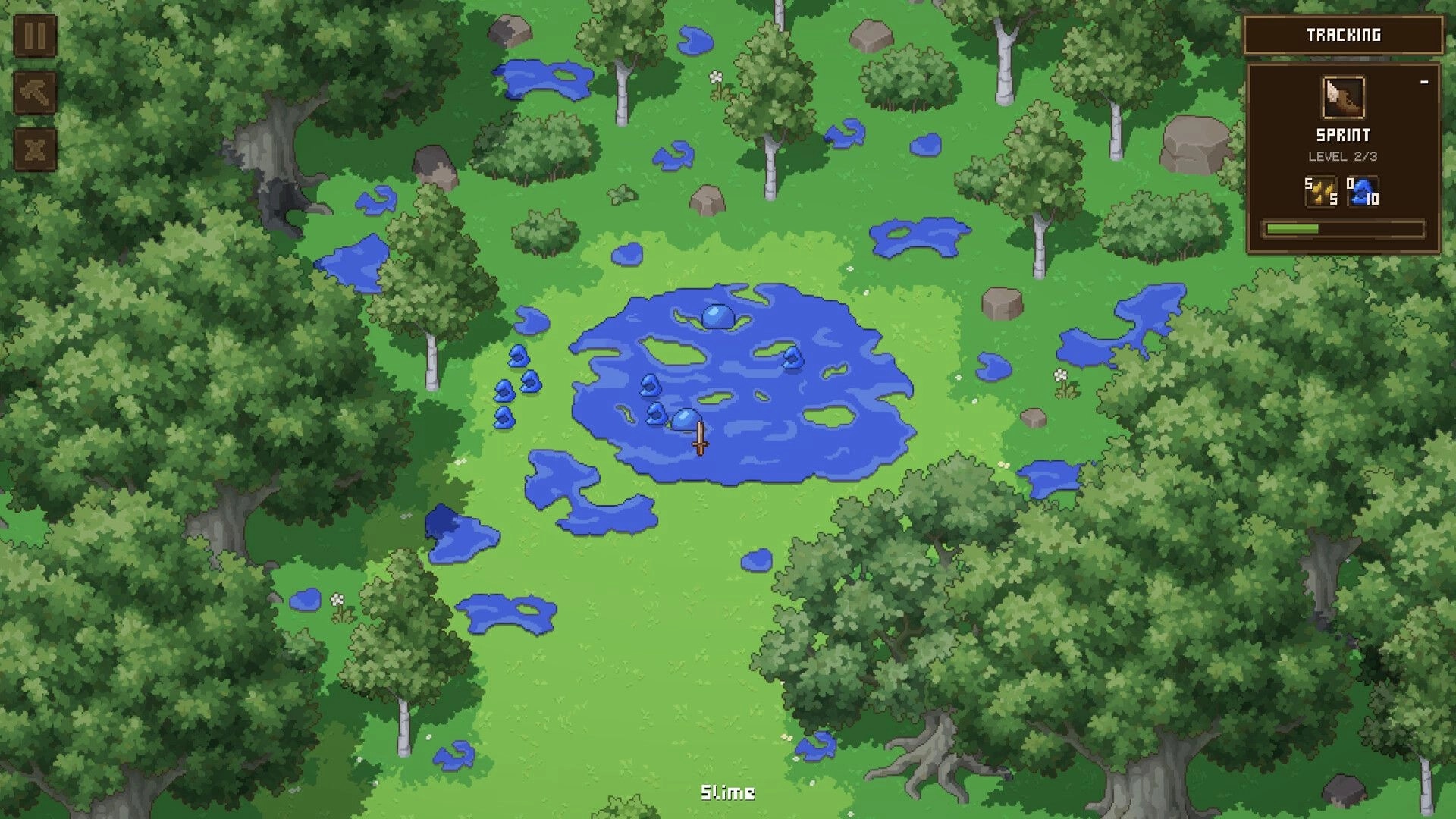 Forage Wizard: Player battles blue slimes in forest clearing with inventory and skill level displayed.