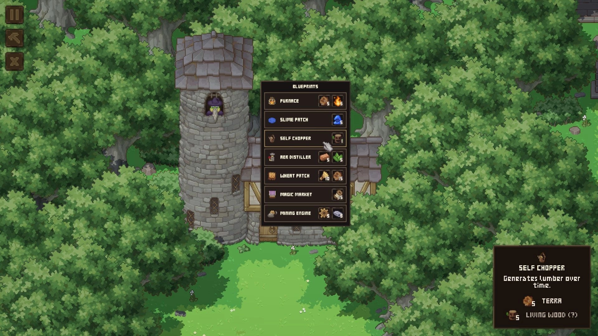 Forage Wizard: Wizard in tower with blueprints menu open, surrounded by dense forest environment