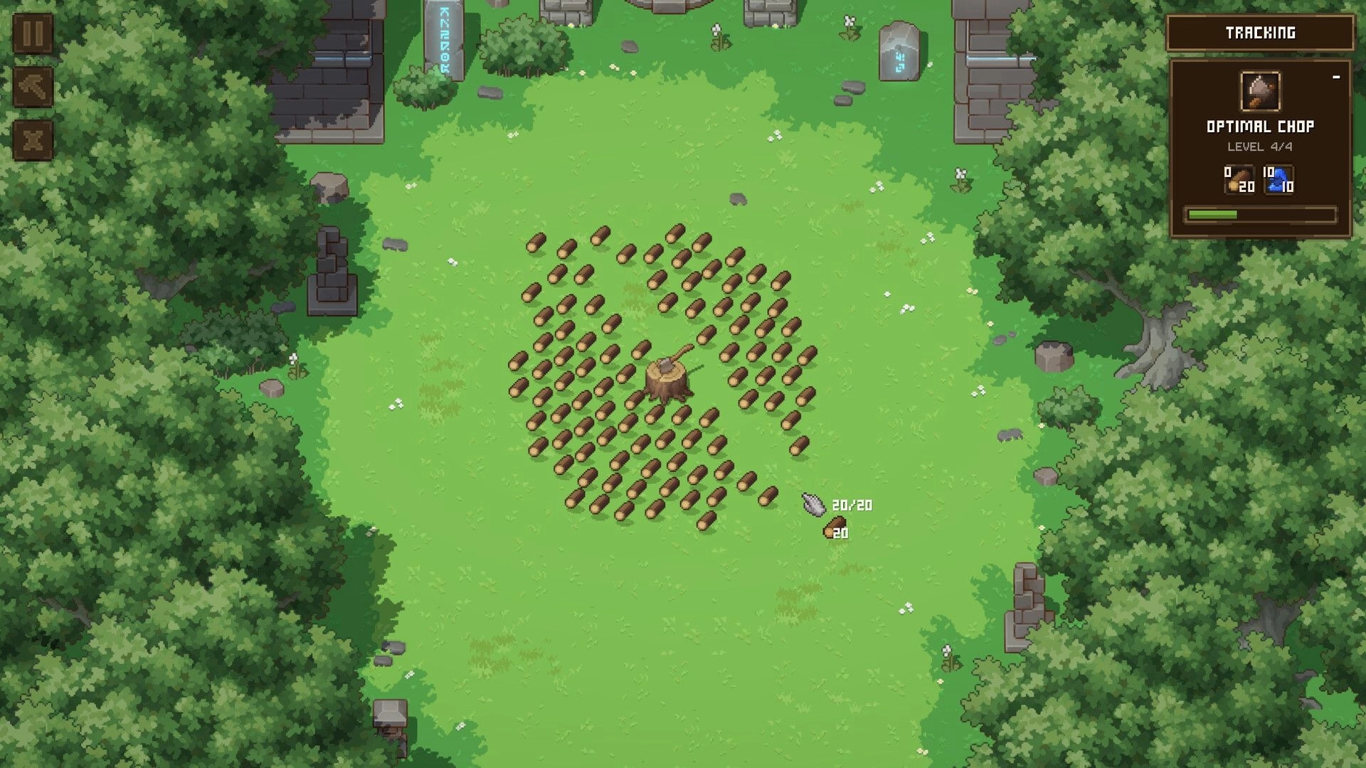 Forage Wizard: Central stump surrounded by logs in forest clearing with tracking menu on the right
