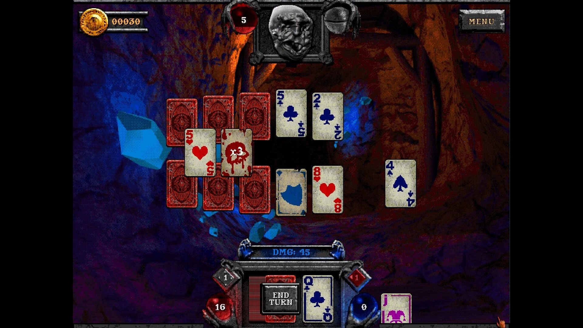 Forbidden Solitaire: Card battle with damage counter and eerie cave background, featuring red cards.