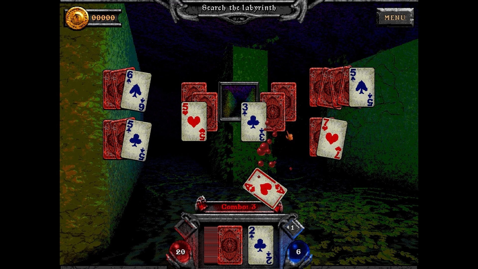 Forbidden Solitaire: Card combat scene with red and blue cards floating in a dark, eerie labyrinth.