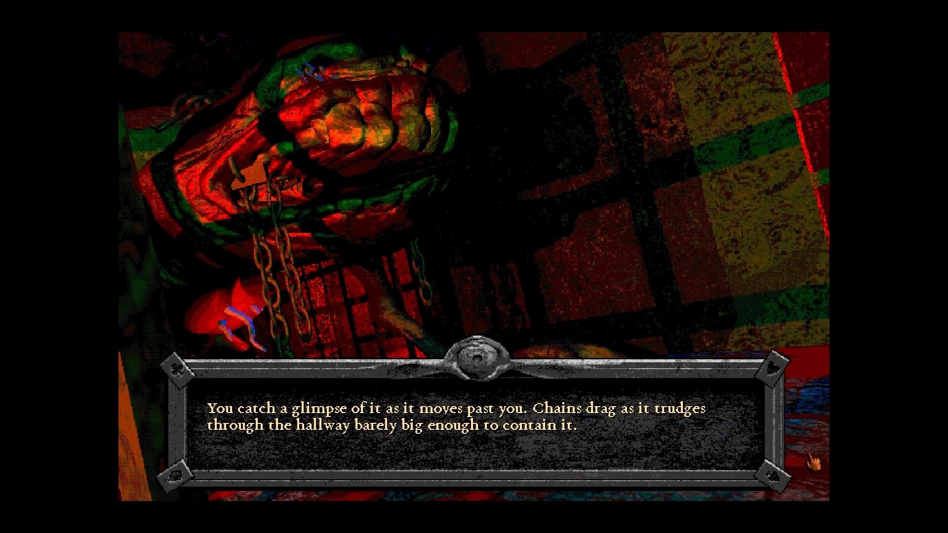 Forbidden Solitaire: Giant chained creature in a dark hallway with ominous text overlay at bottom