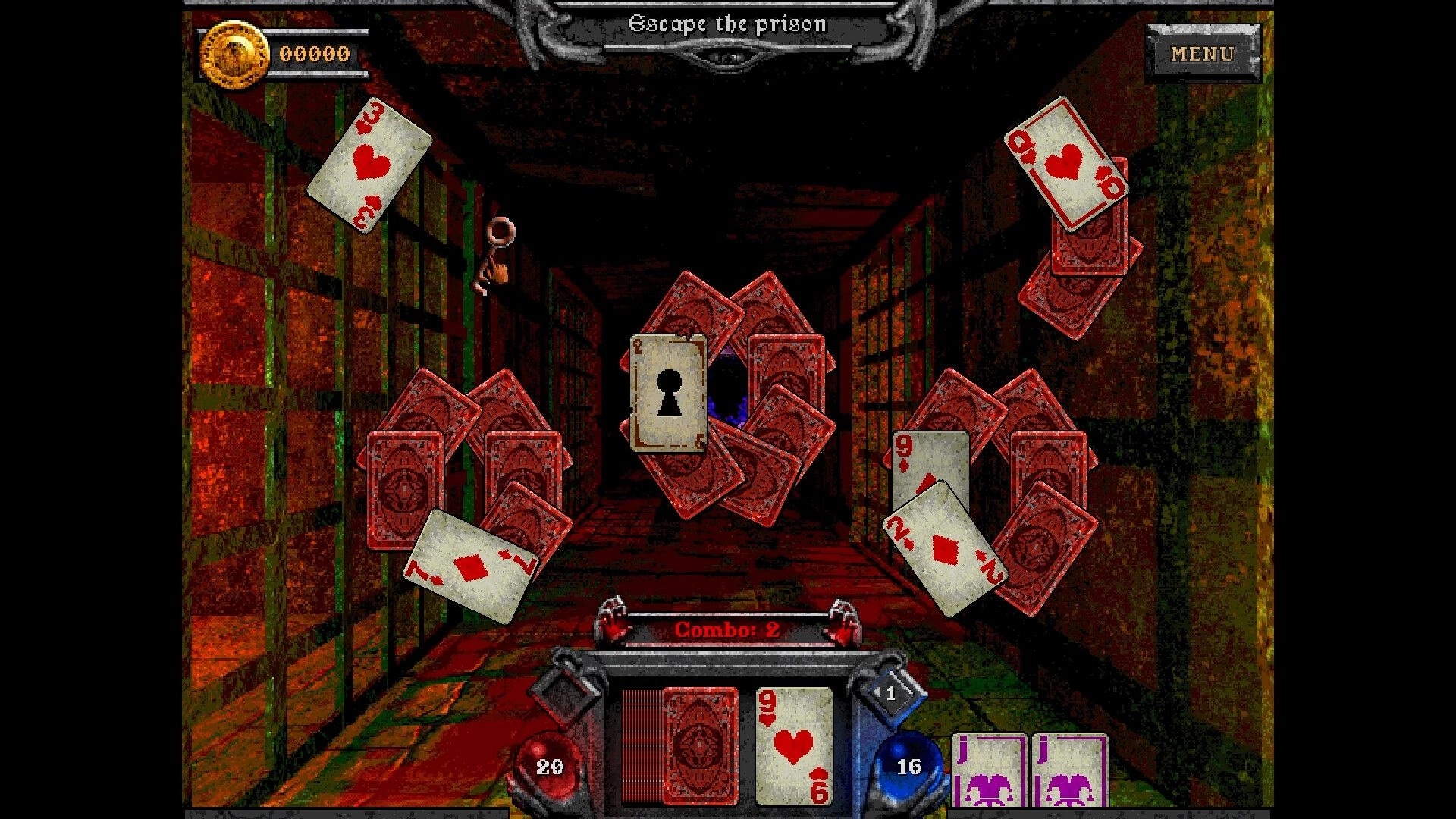 Forbidden Solitaire: Card combat in a dark dungeon corridor with key and lock card in the center