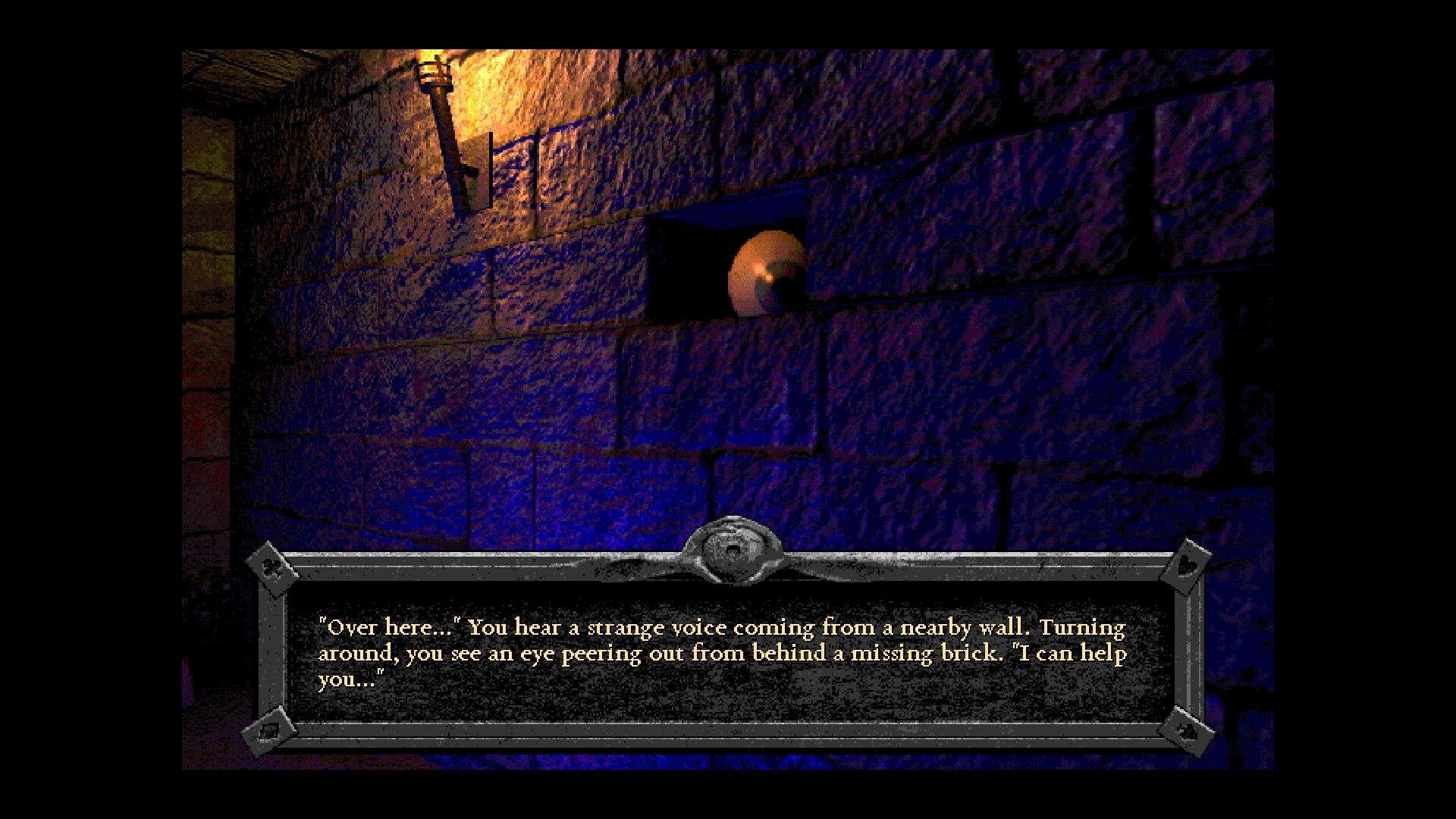 Forbidden Solitaire: An eye peers from a hole in a dimly lit stone wall, accompanied by eerie text.