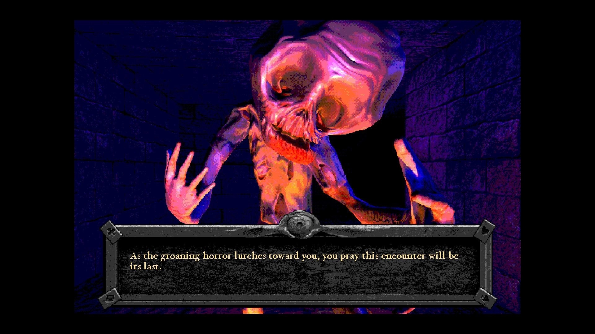 Forbidden Solitaire: Grotesque creature approaching in dimly lit dungeon with ominous text box below