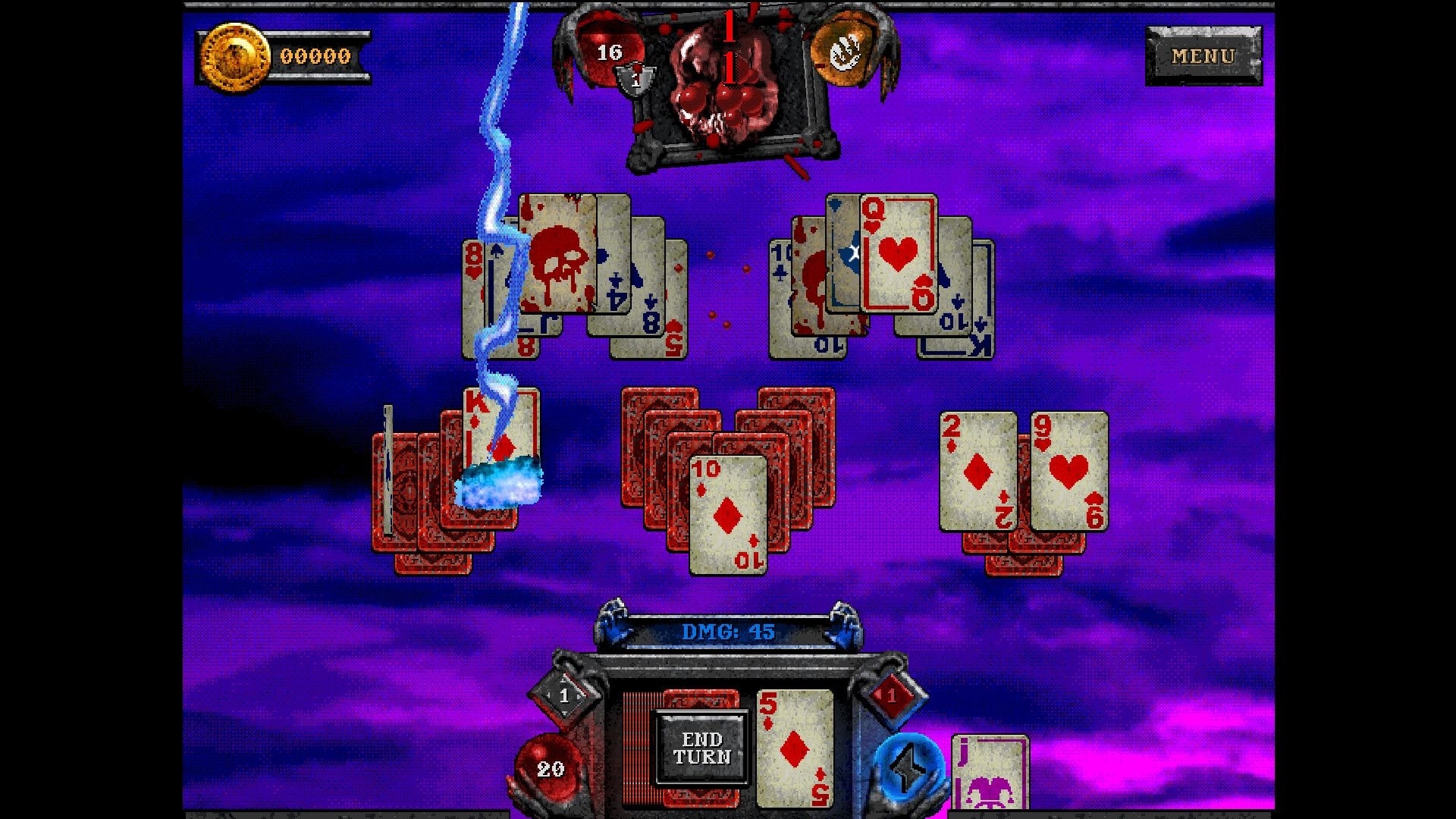 Forbidden Solitaire: Lightning strikes as cards display bloodstains in eerie purple atmosphere.
