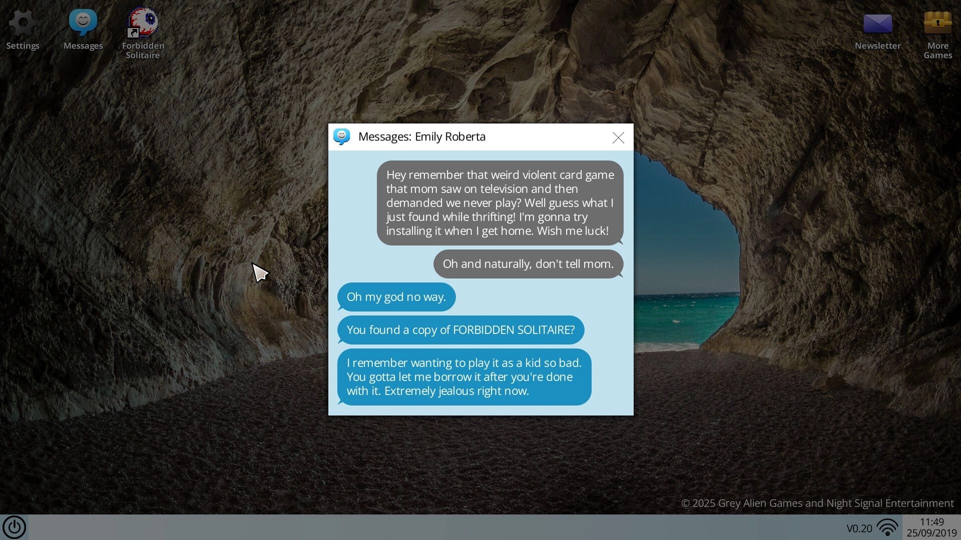 Forbidden Solitaire: Emily Roberta's messages on desktop with cave background and game icon visible.
