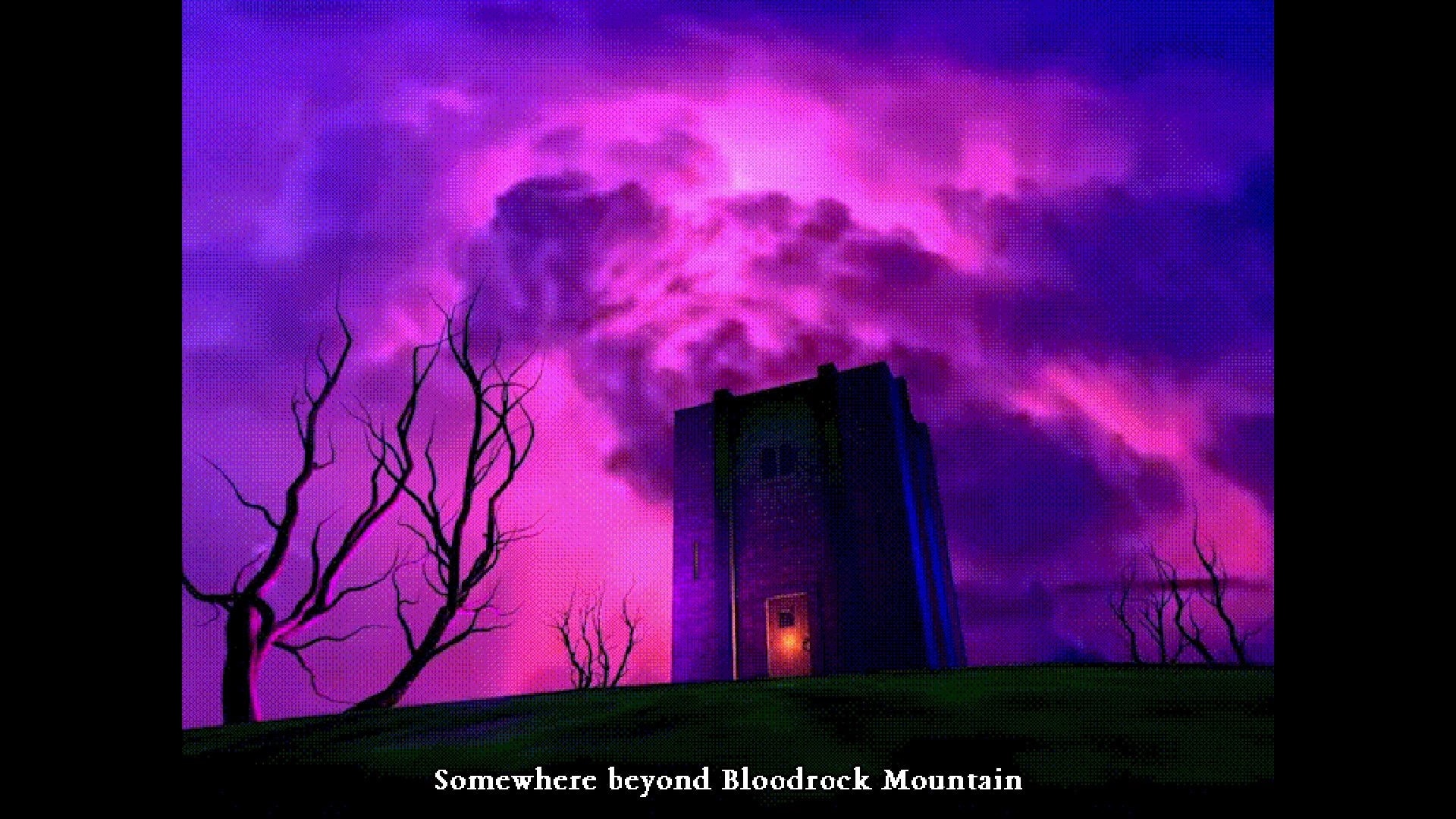 Forbidden Solitaire: Tower under ominous purple sky with barren trees beyond Bloodrock Mountain