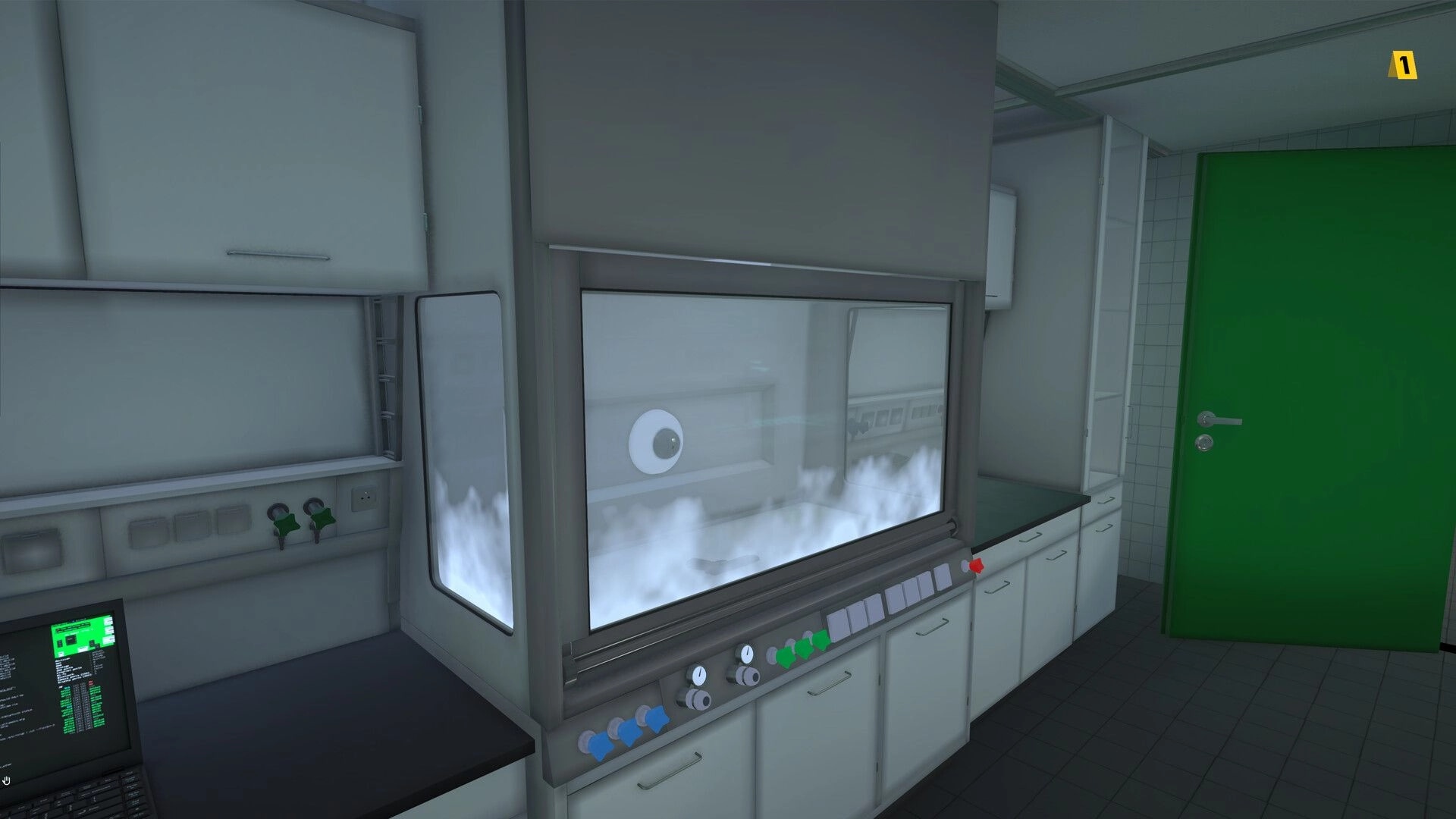 Forensics: Fume hood with mist and control knobs beside a laptop screen in a sterile lab room.