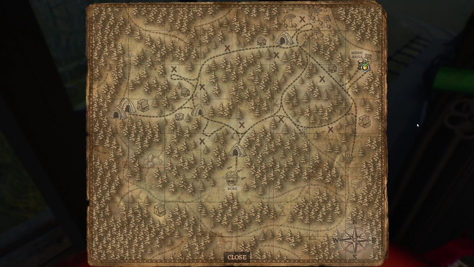 Forest Escape: Parchment forest map UI with routes, X markers, caves, and a BOSS icon displayed.