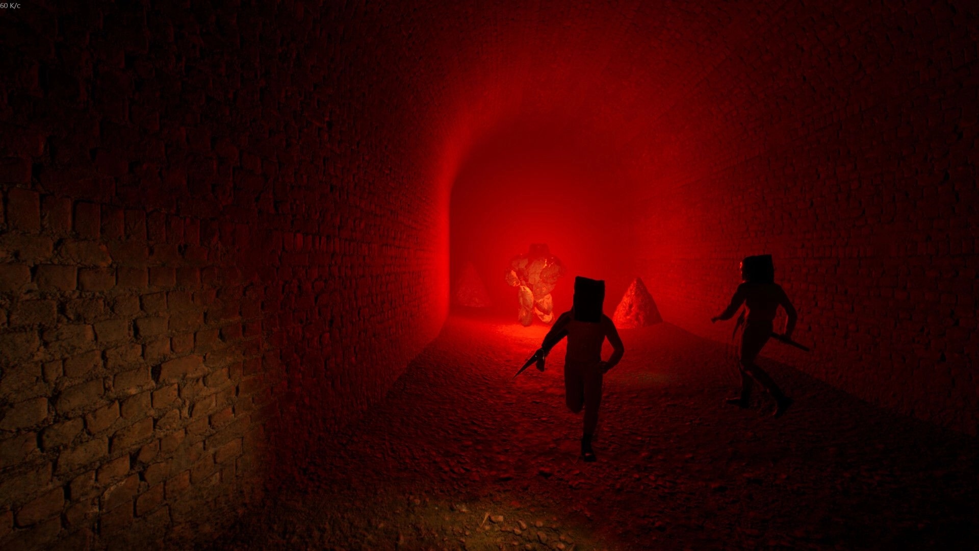 Forest Escape: Two co-op players run with knives toward a monster in a red-lit brick tunnel.