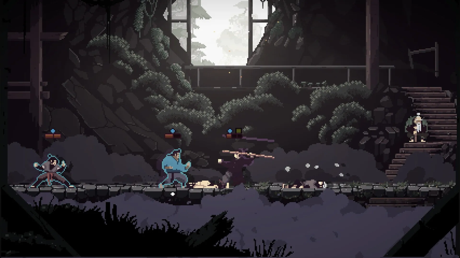 Forestrike: Three fighters engage in combat on a stone path in a shadowy, overgrown cavern setting.