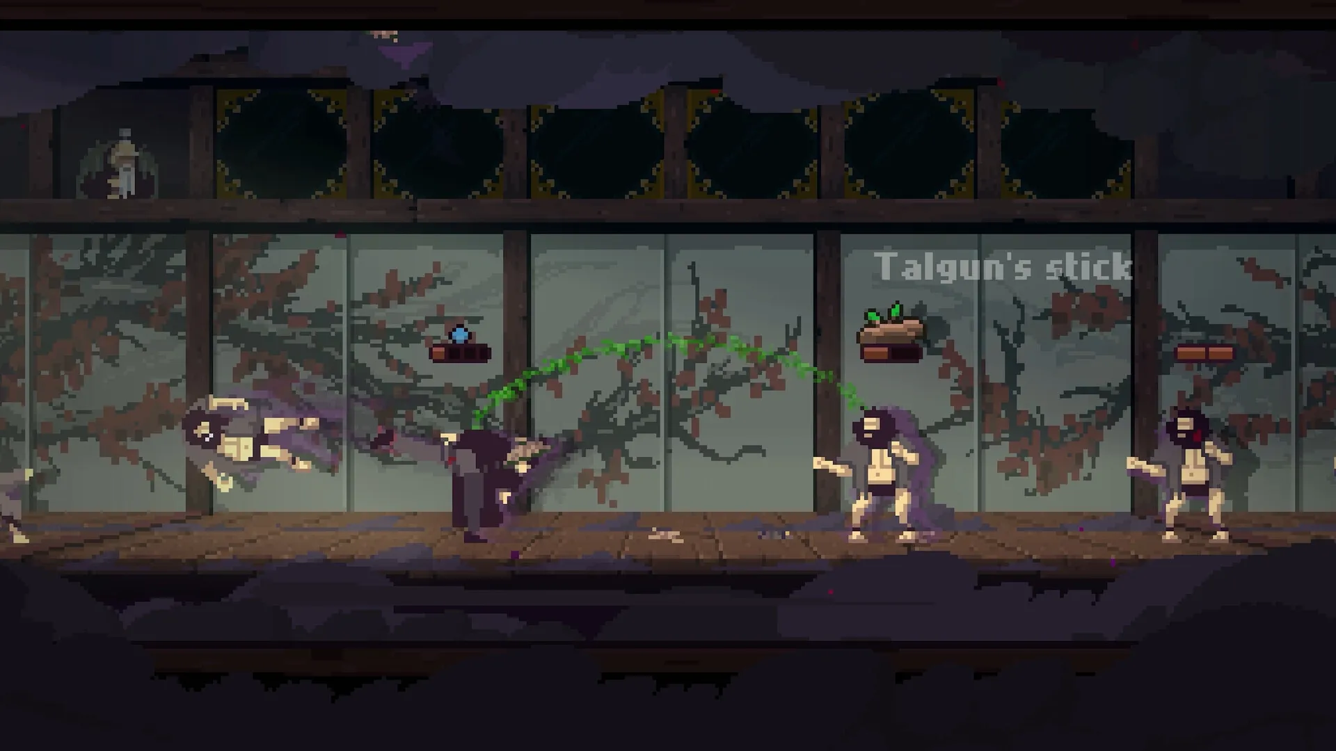 Forestrike: Combat scene with ninjas battling in a dojo, green energy arcs between them