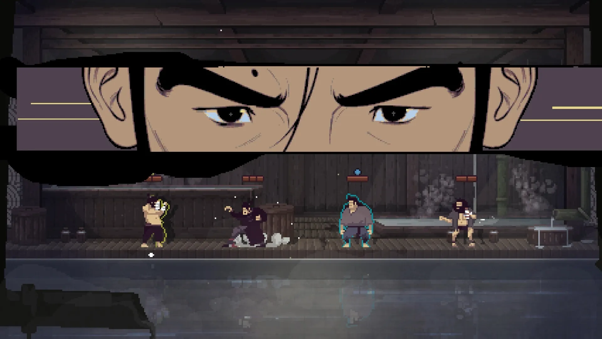 Forestrike: Intense martial arts battle in a wooden dojo with a close-up of focused eyes overhead
