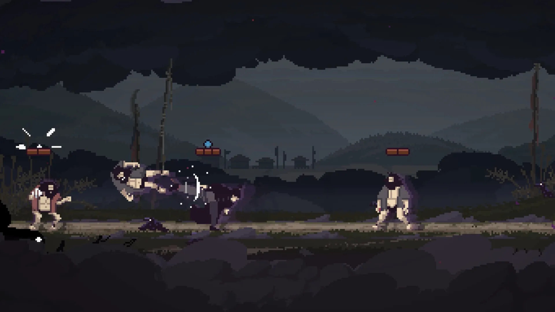 Forestrike: Character performing a flying kick in a dark forest environment with two enemies present