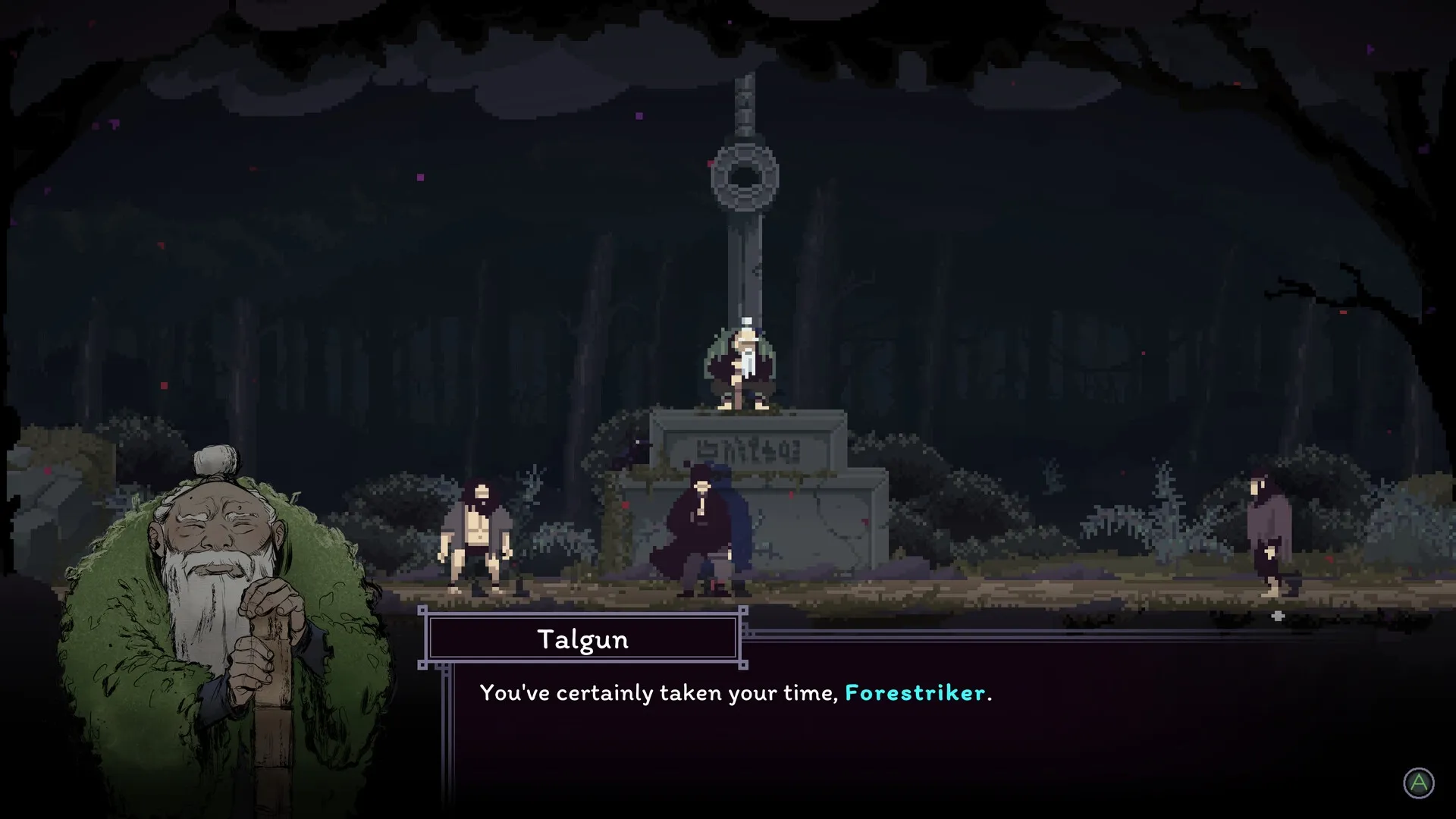 Forestrike: Character Talgun speaking to Foreststriker in a dark forest with large sword monument