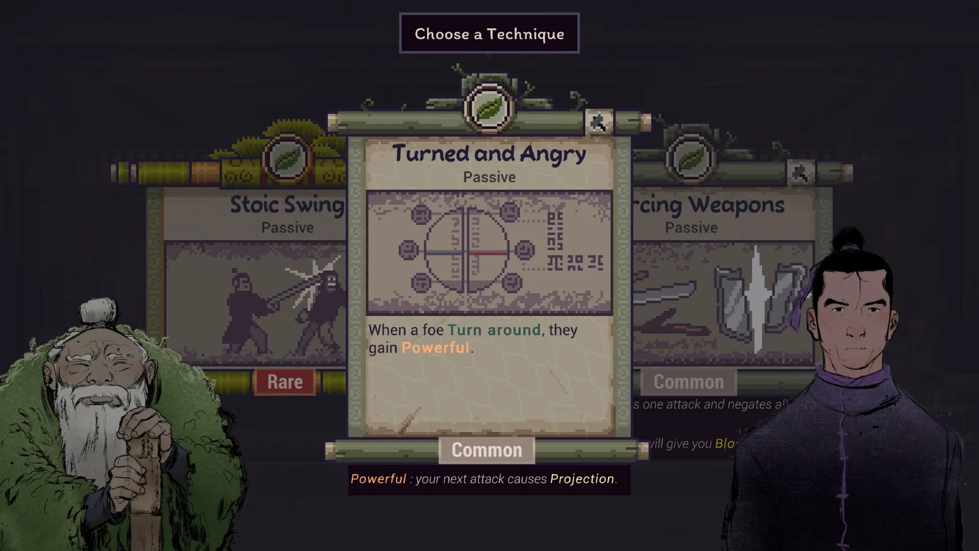 Forestrike: Technique selection screen with various passive abilities and two characters visible.