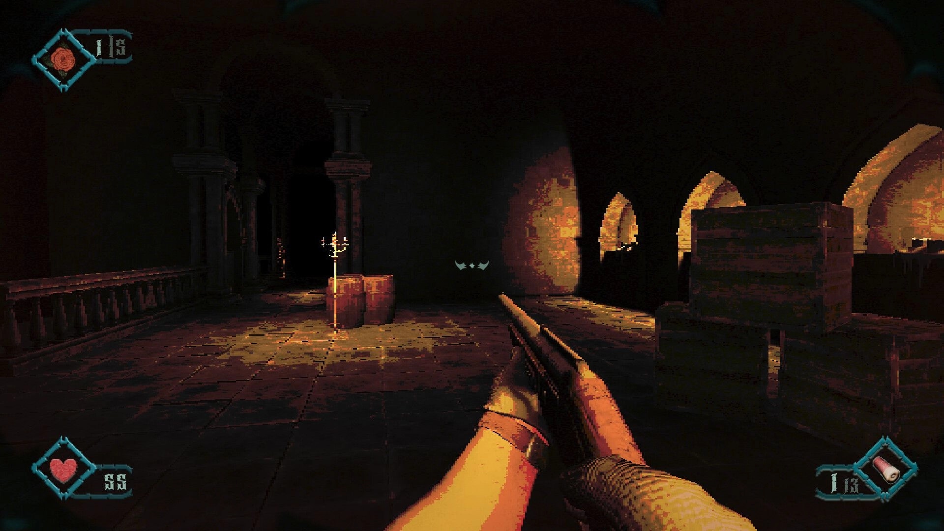 Foreverthorn: First-person shotgun aimed down a dark chapel corridor with candles and crates nearby.
