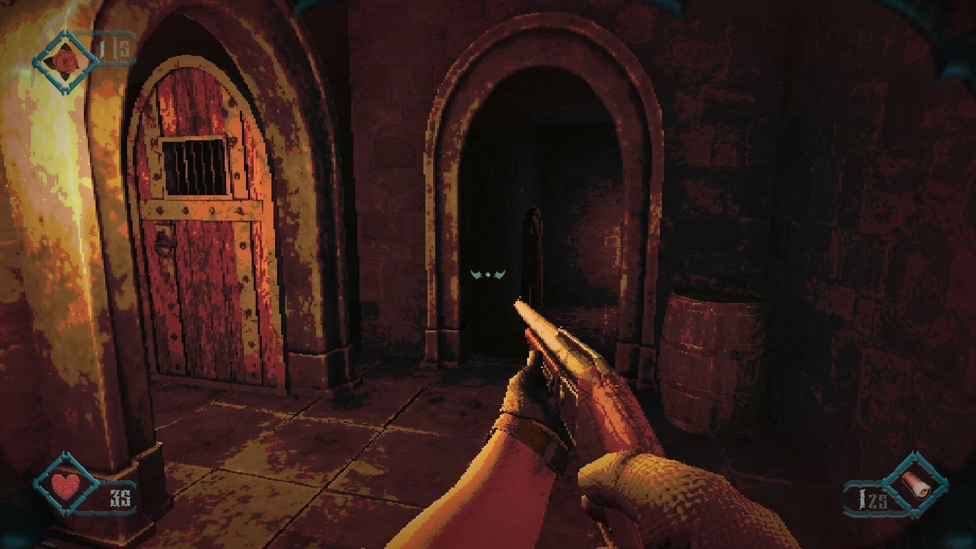 Foreverthorn: First-person shotgun aimed at dark archway beside barred door in stone dungeon corridor.