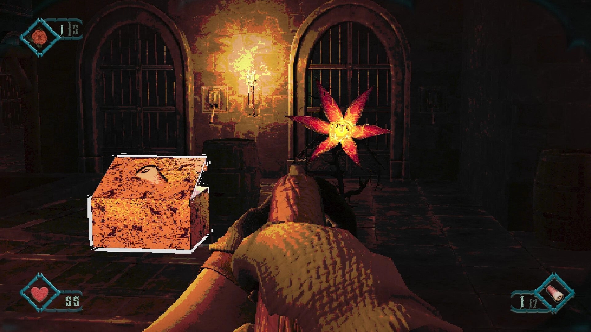 Foreverthorn: First-person aiming at a glowing flower monster in a torchlit stone hallway with HUD.