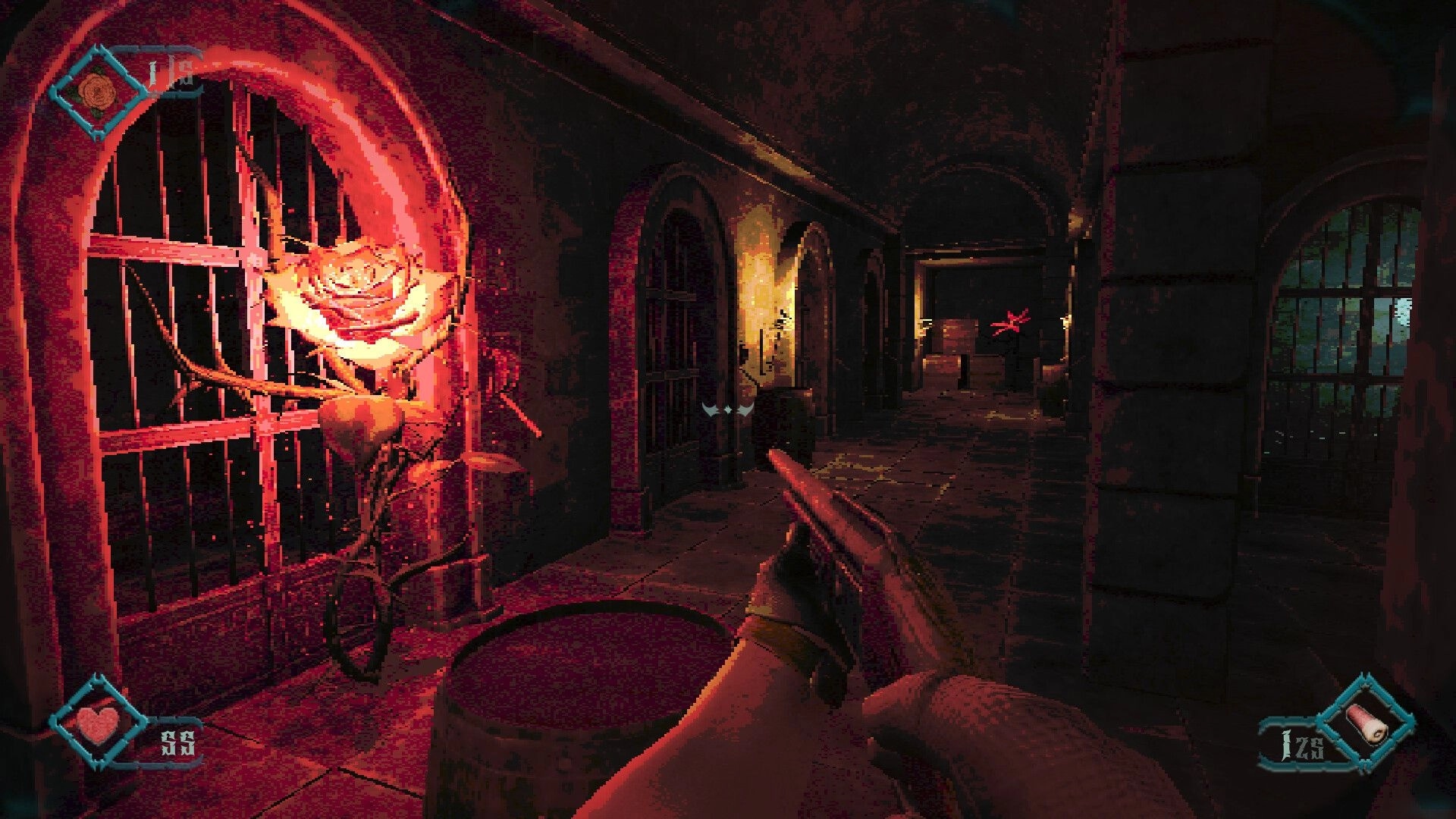 Foreverthorn: Shotgun aimed down a torchlit stone corridor, thorny rose growth by barred door dungeon hall.