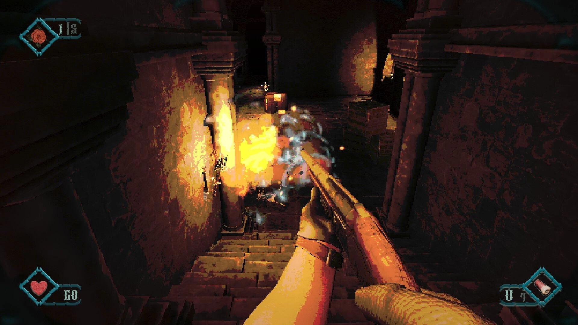 Foreverthorn: Shotgun blast erupts down stone stairs toward enemy in a dim dungeon corridor.