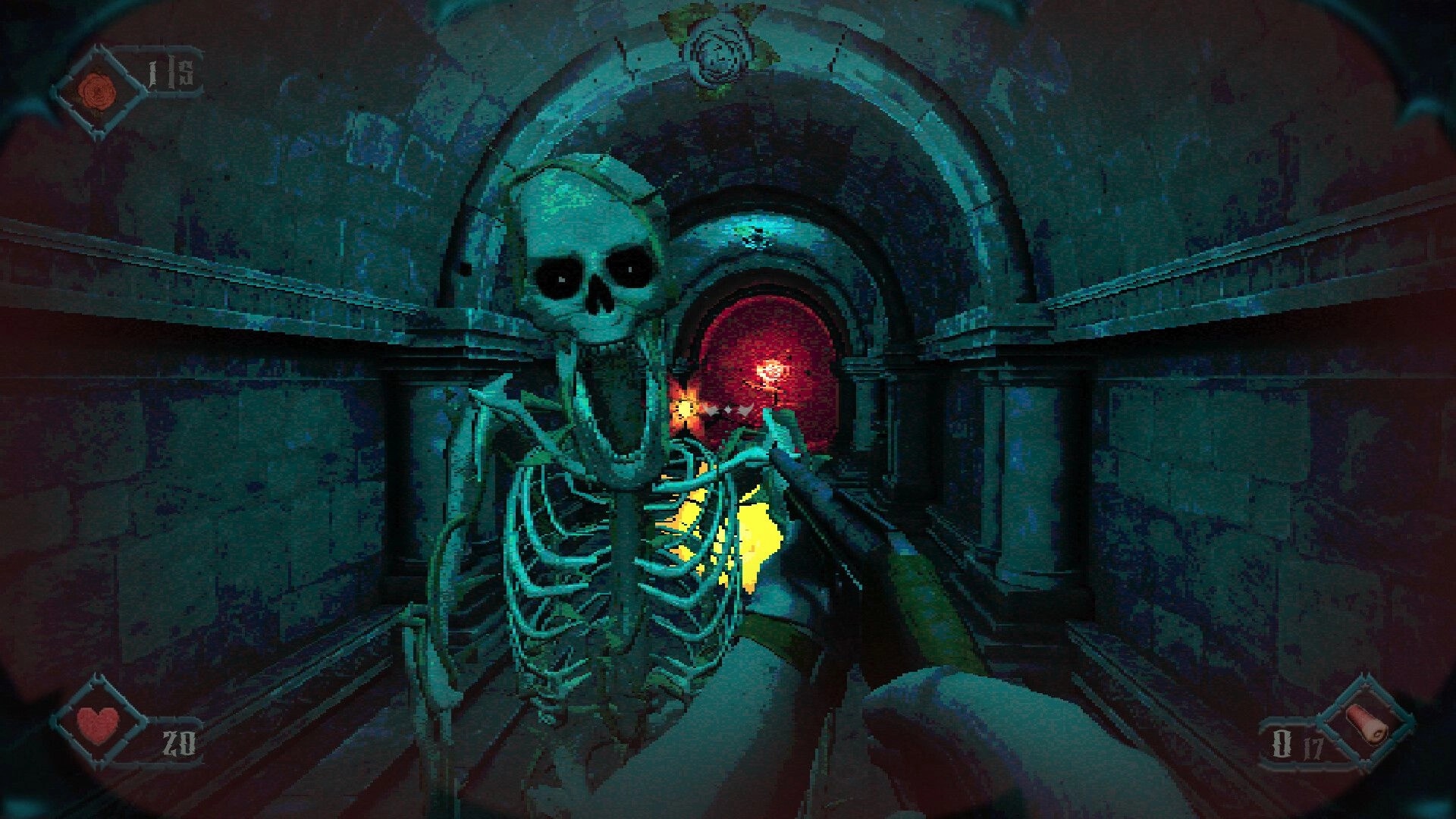 Foreverthorn: First-person shooting a skeleton in a narrow stone corridor with red-lit archway ahead.