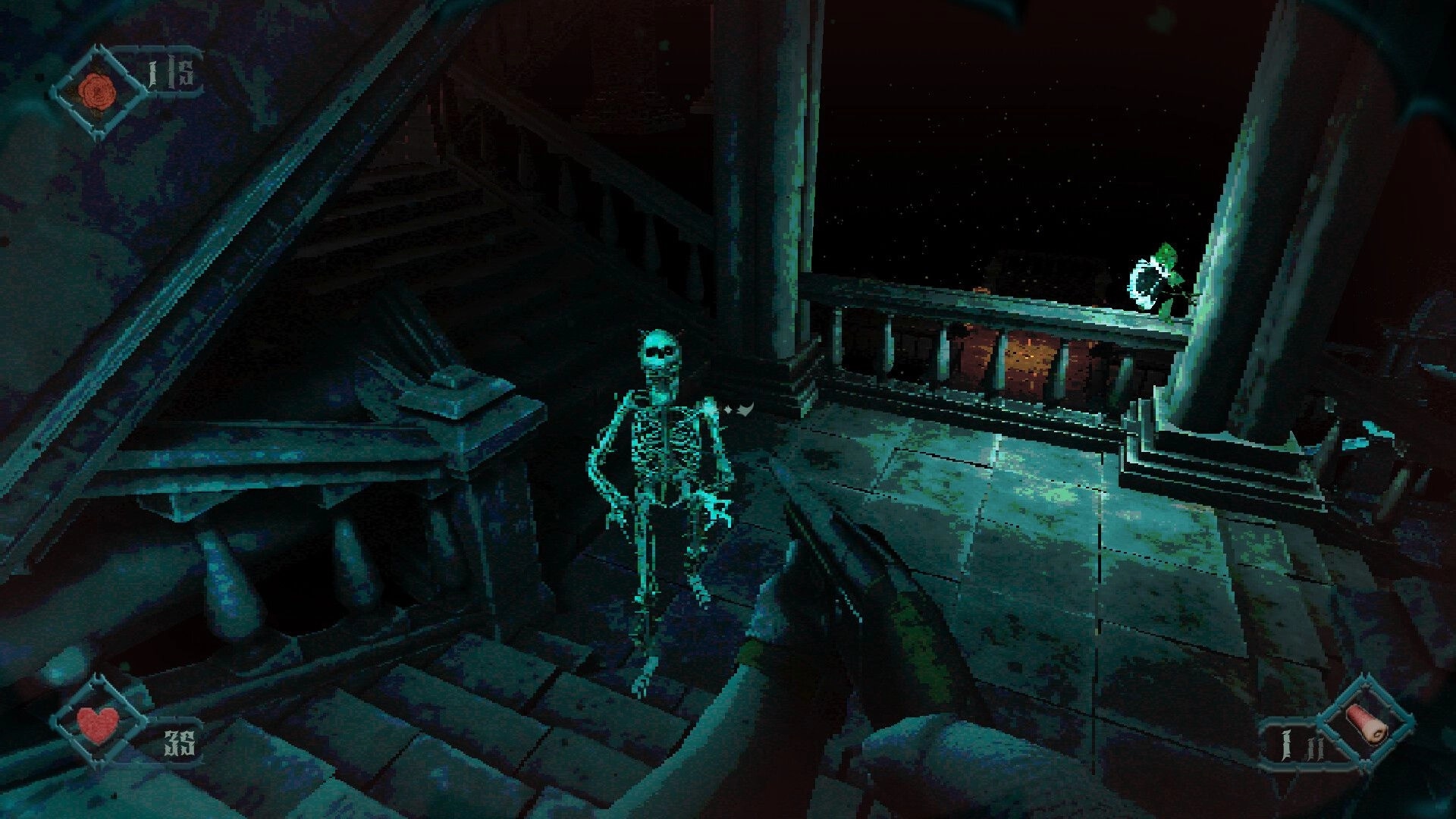 Foreverthorn: First-person shotgun aimed at a skeleton on chapel stairs, HUD hearts and ammo icons in ruins.