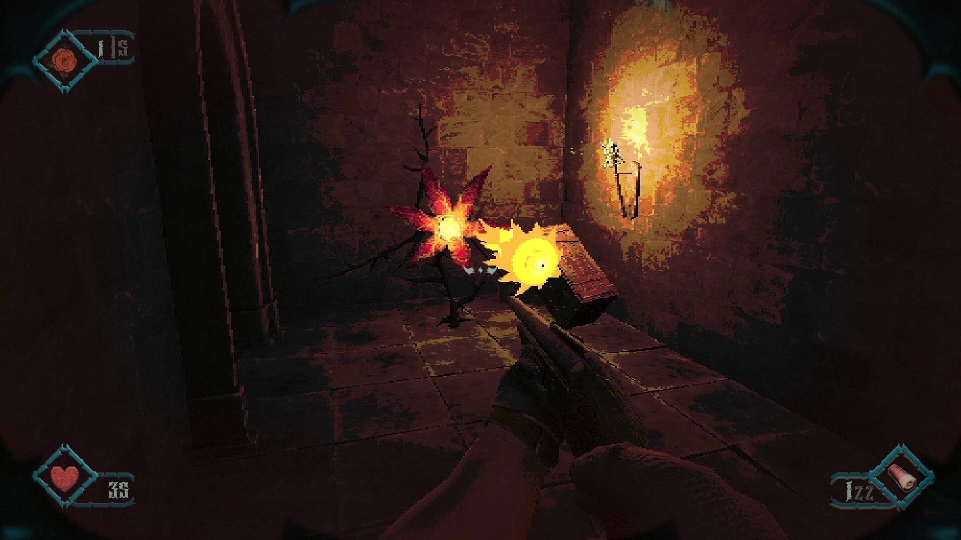 Foreverthorn: First-person shotgun blast hits a thorny monster in a torchlit stone hallway dungeon.