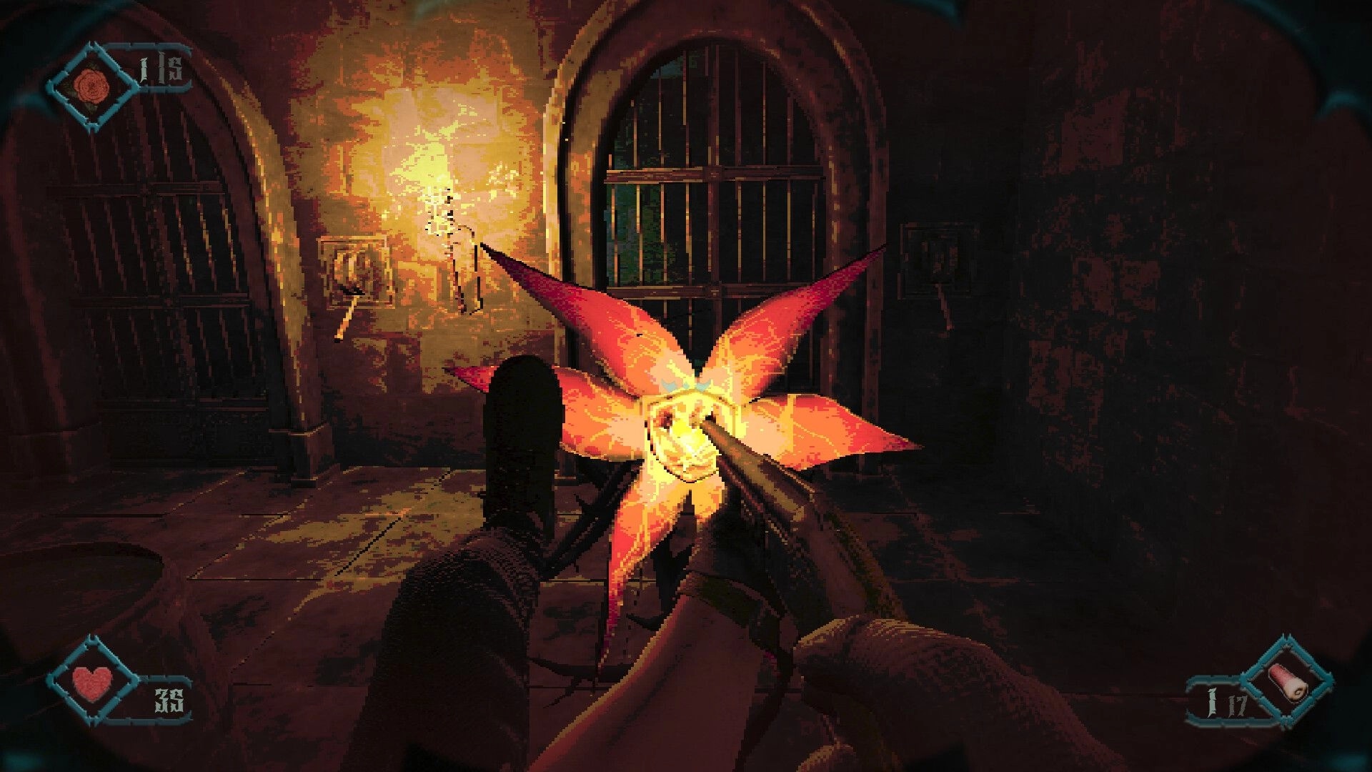 Foreverthorn: Shotgun aimed at a glowing thorn-flower monster in a torchlit dungeon corridor UI visible.