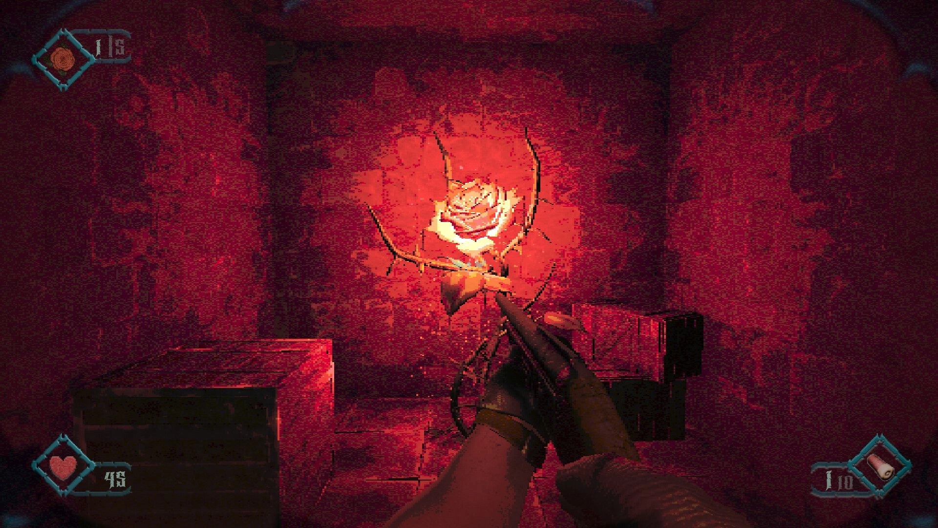 Foreverthorn: Shotgun aimed at a glowing rose on a brick wall in a red-lit dungeon room with HUD.
