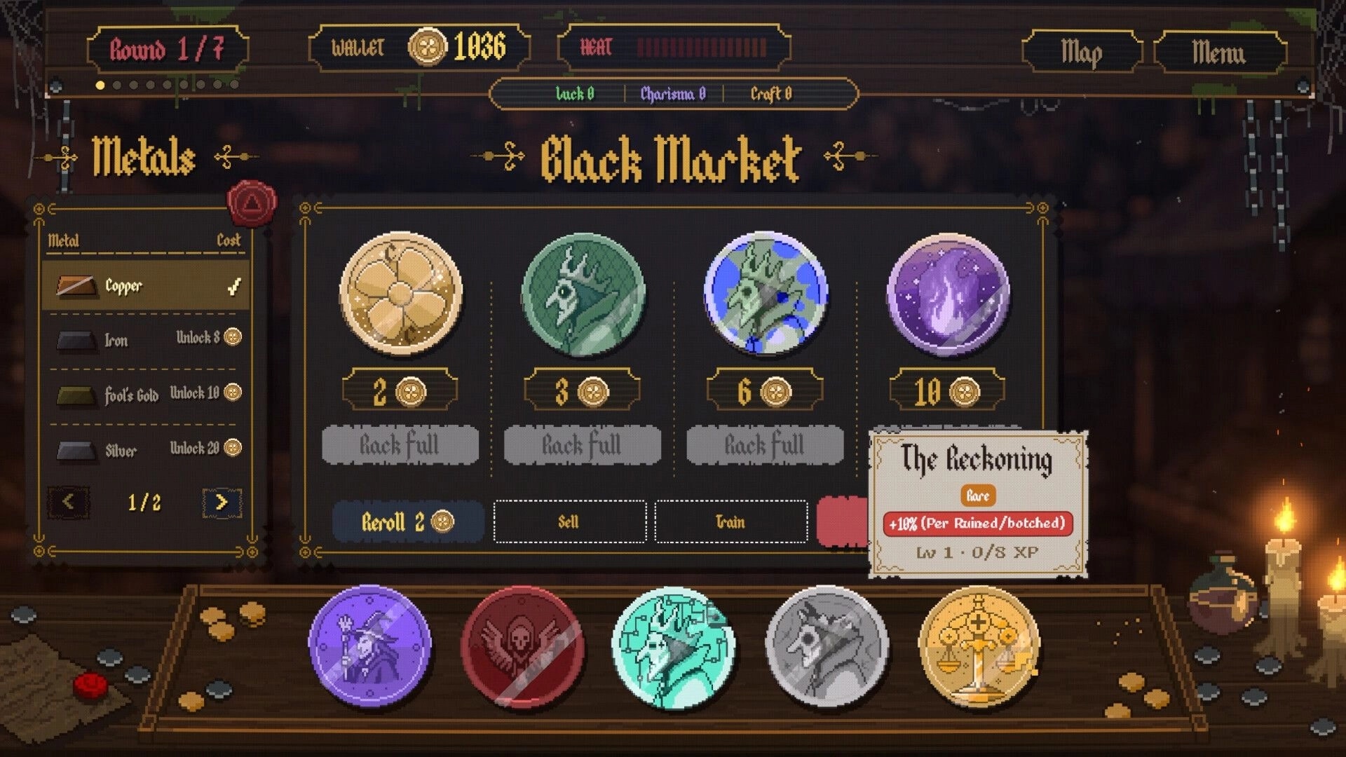 Forgery: Black Market shop UI with coin offers and Metals list, wallet and heat meters in tavern scene.