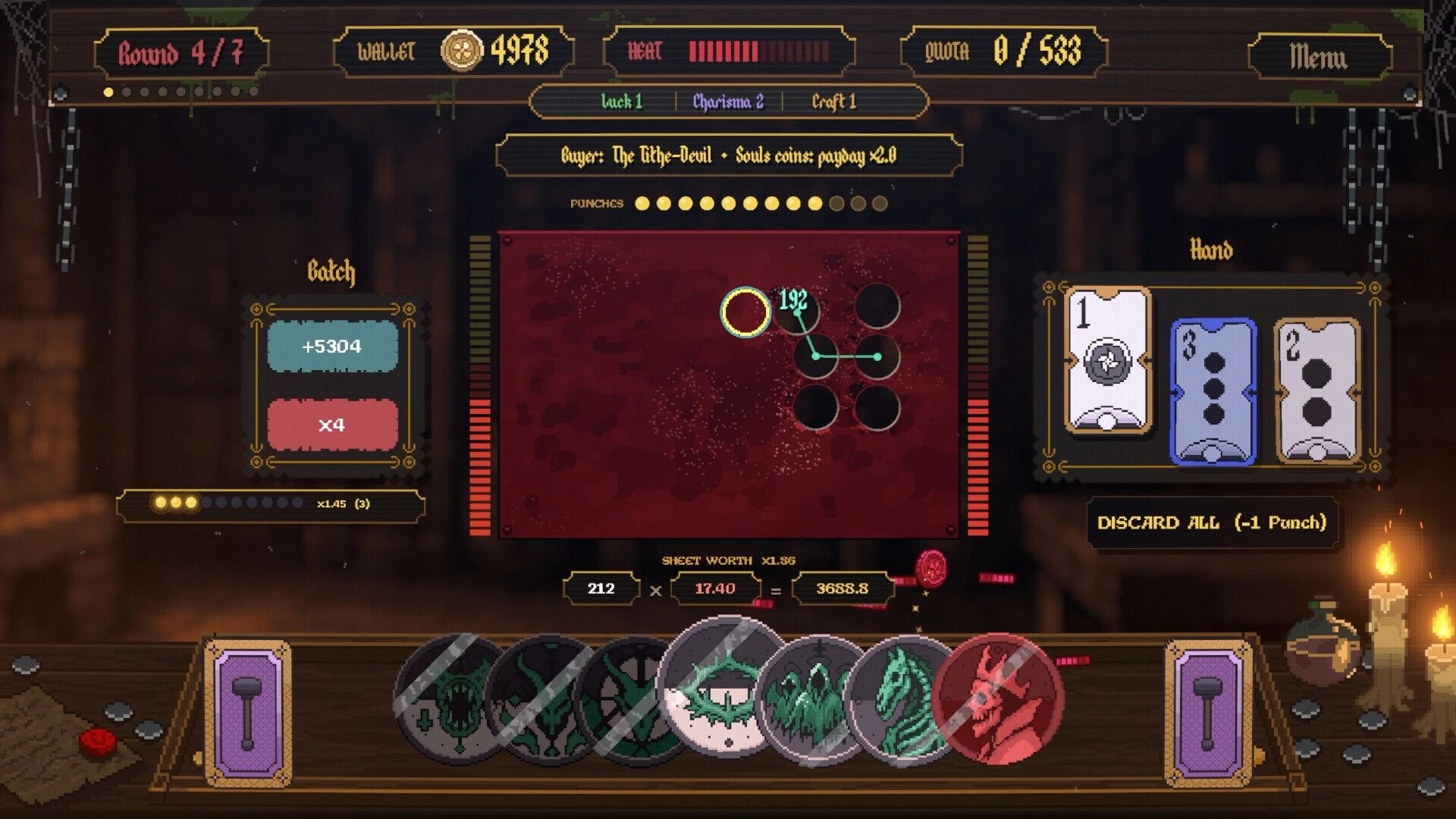 Forgery: Coin punching board with batch totals and hand cards on a dim workshop table UI.