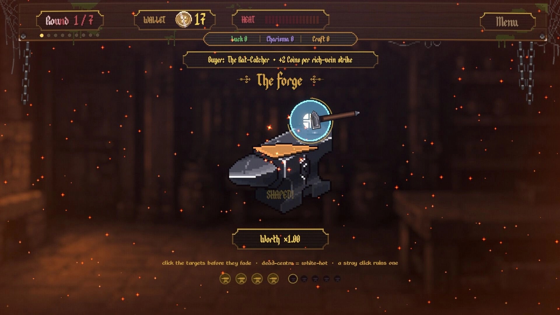 Forgery: Forge minigame with anvil and hammer target, wallet and heat bars in smoky workshop UI.
