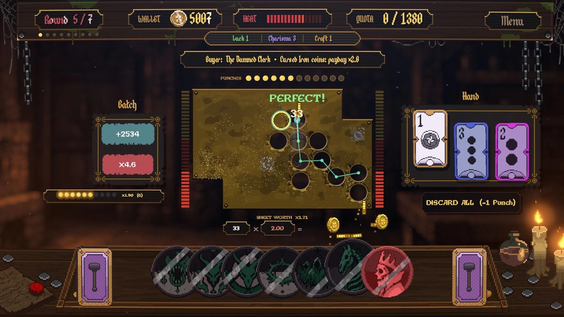 Forgery: Punching coin blanks on a metal sheet with PERFECT result, hand cards and heat bar UI.