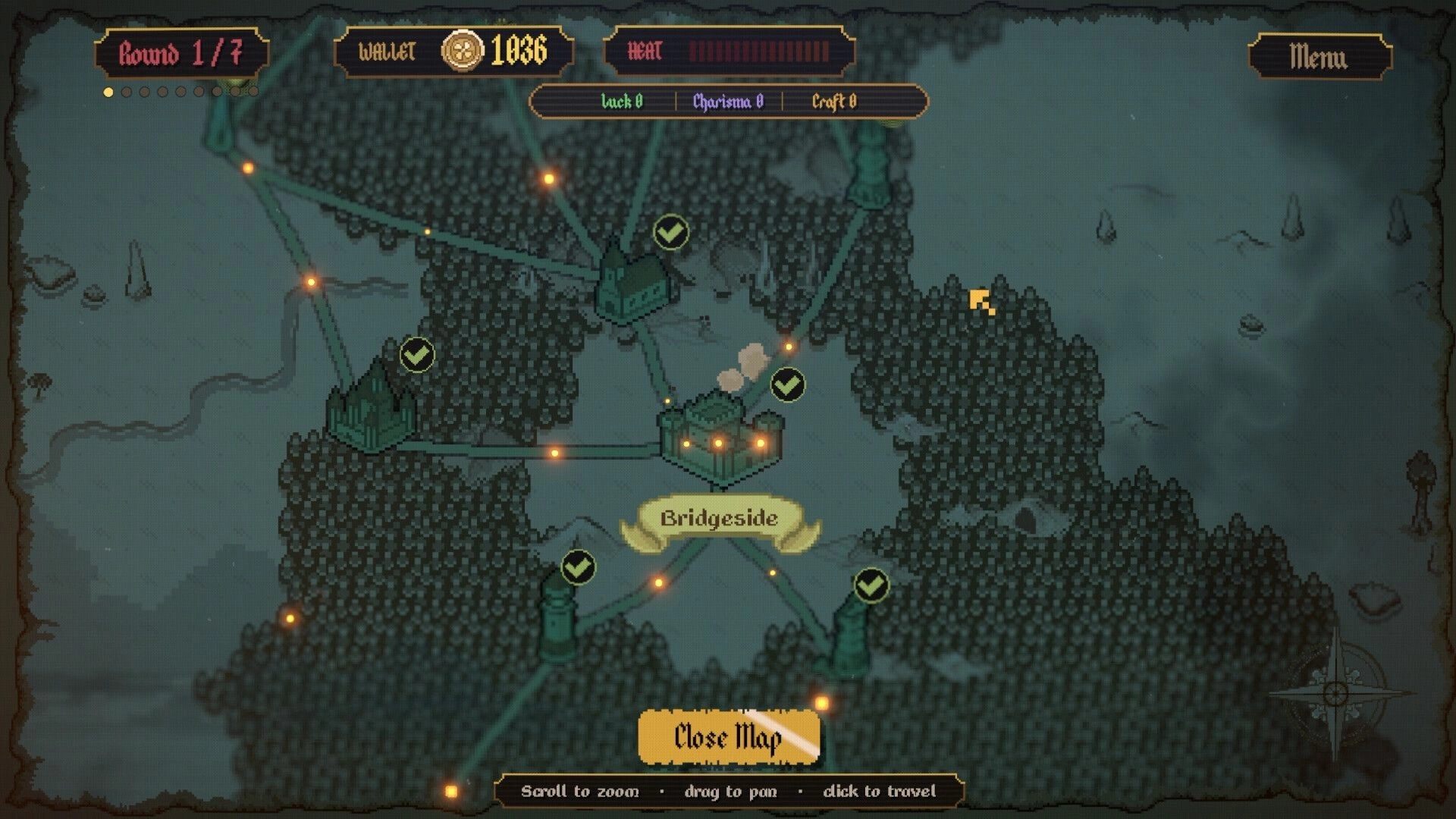 Forgery: World map with connected town nodes, Bridgeside highlighted, wallet 1036 and Heat bar UI.