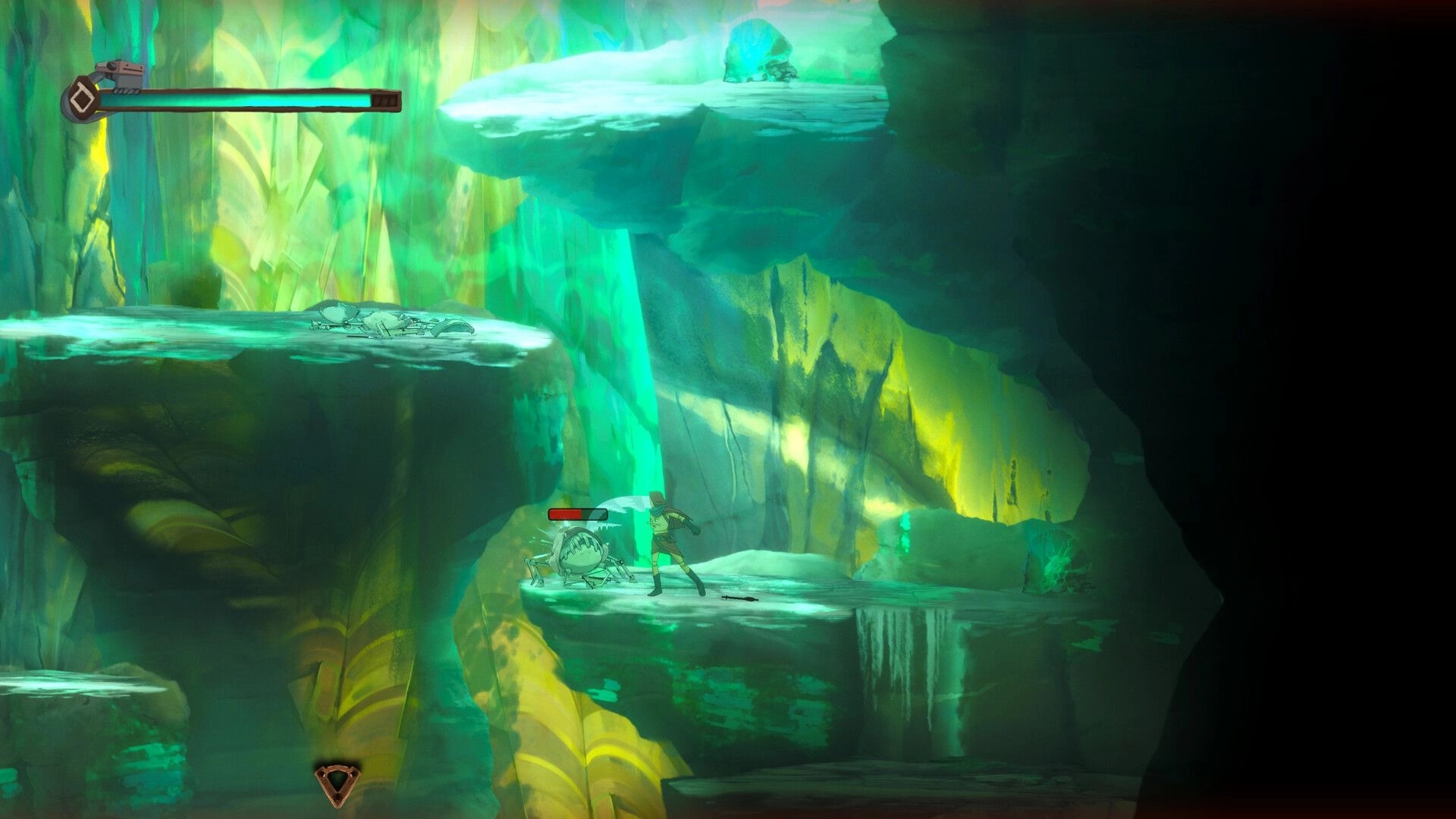 Forgotlings: Character in combat with a creature on glowing green cave platforms