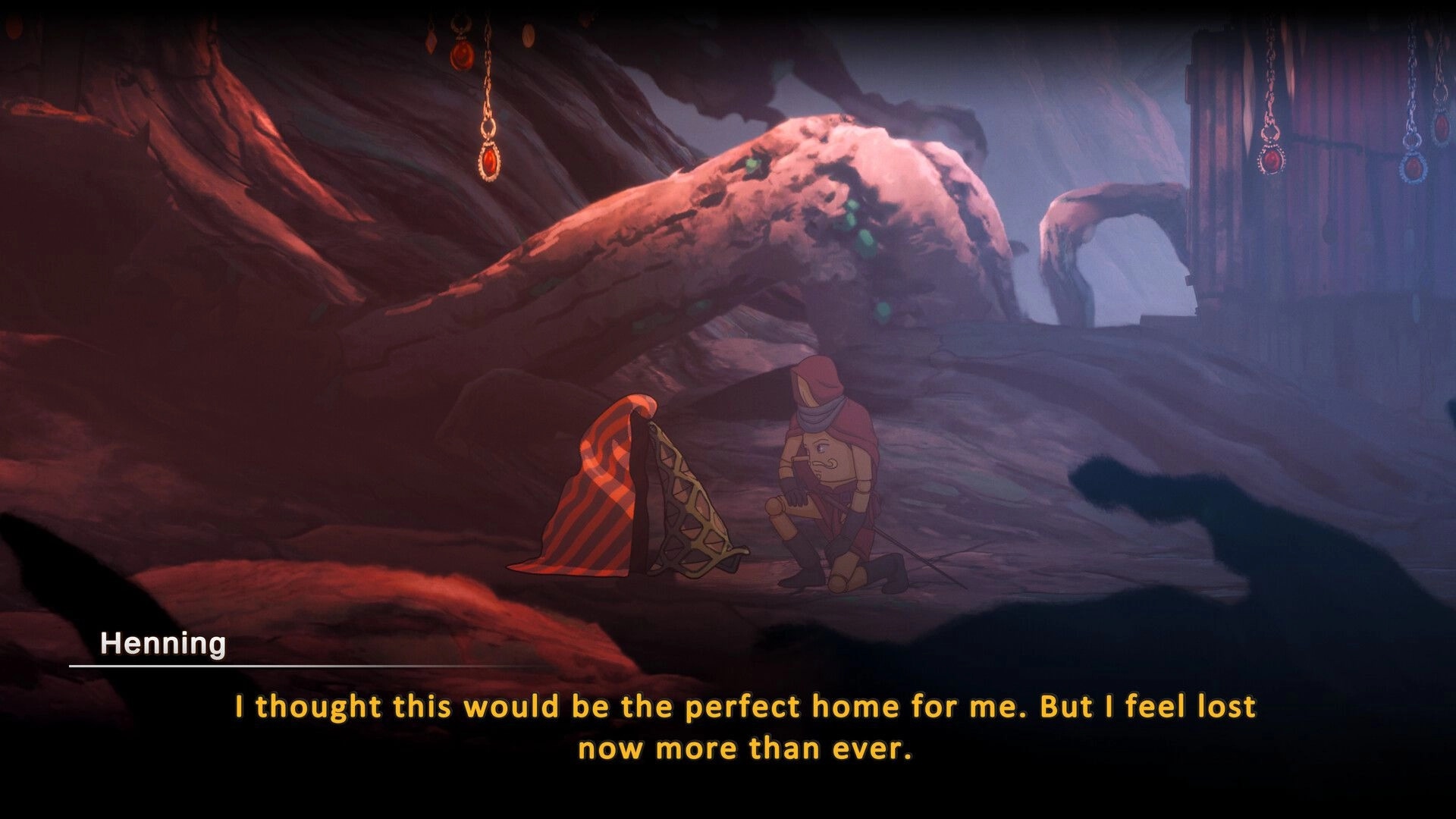 Forgotlings: Henning converses with cloaked figure in dimly lit cave with hanging red gems
