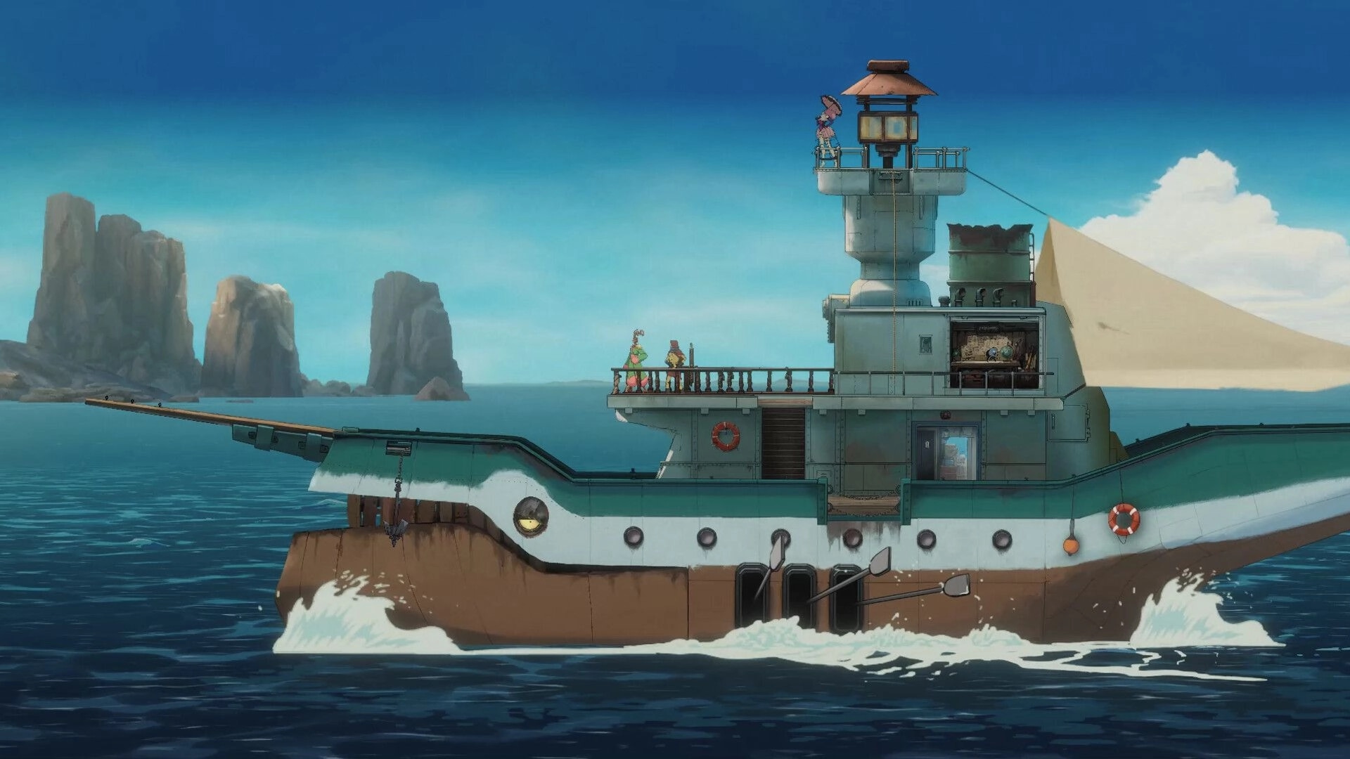 Forgotlings: Characters on ship deck sailing past rocky islands in a serene ocean setting