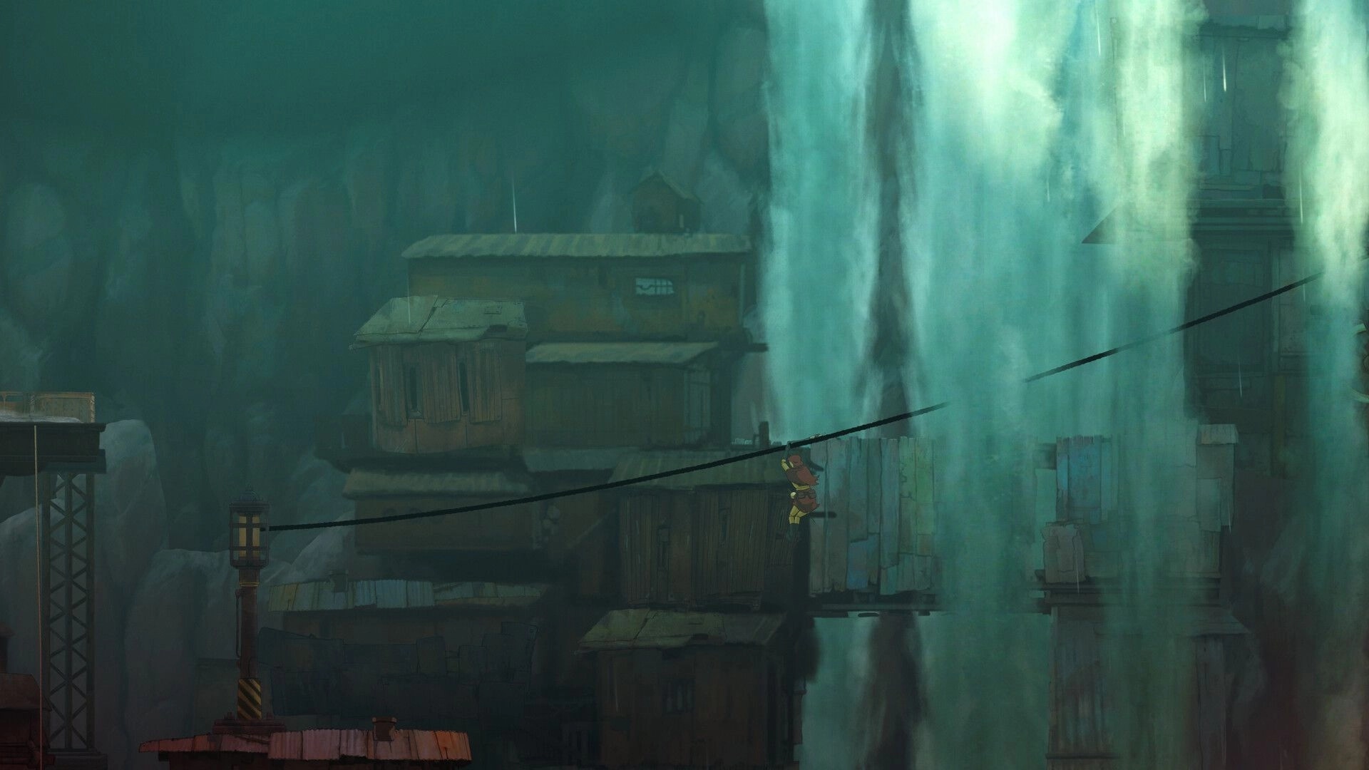 Forgotlings: Character crossing a rope above misty waterfall with wooden shacks in the background