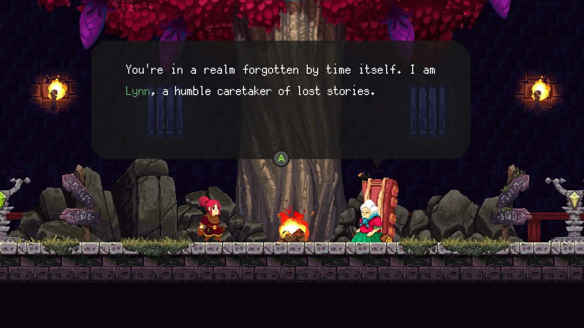 Forgotten Fragments: Enid converses with Lynn beside a campfire under a large tree in a mystical cave.