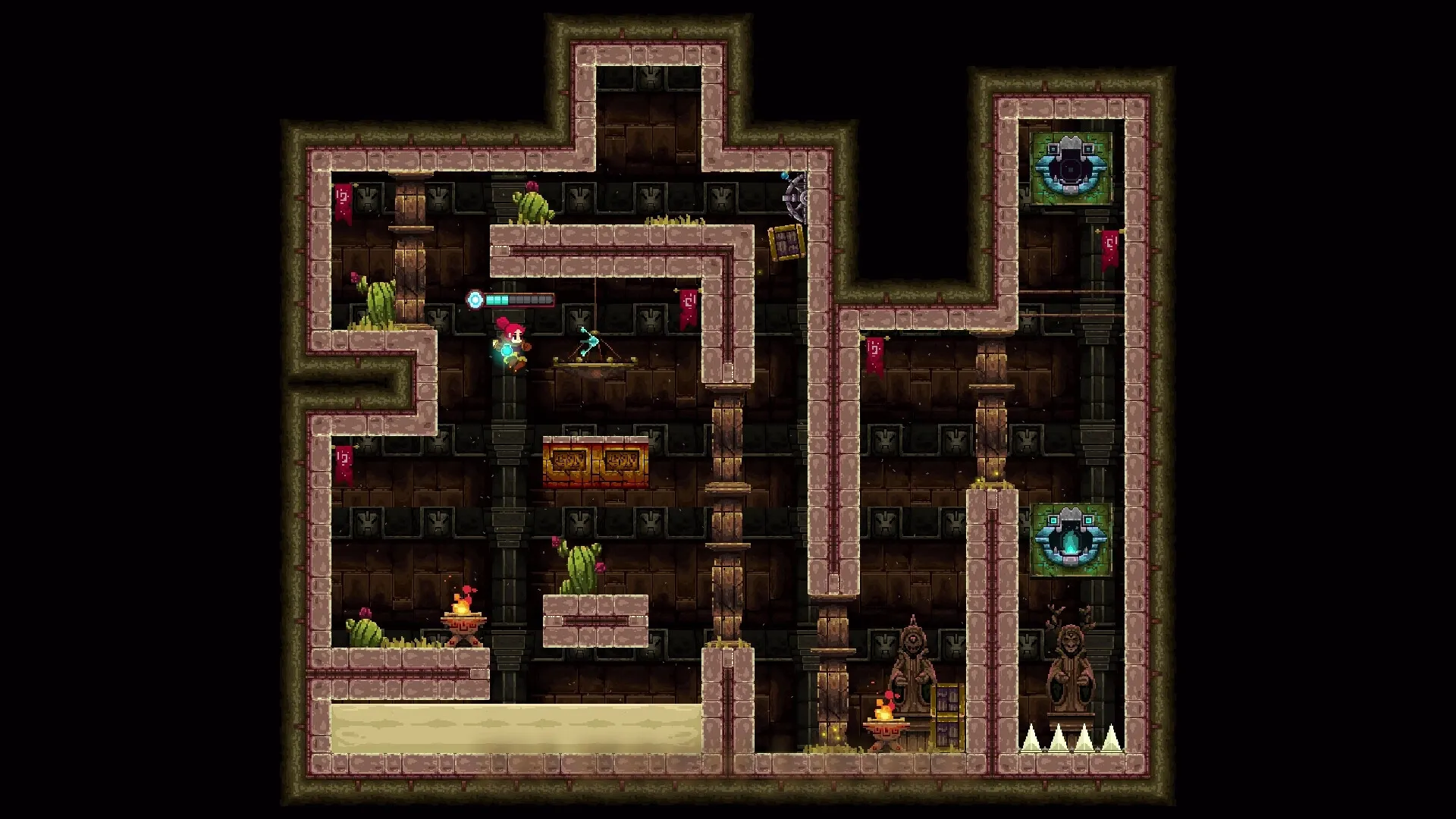 Forgotten Fragments: Enid navigates a maze-like temple with platforms, spikes, and mystical statues