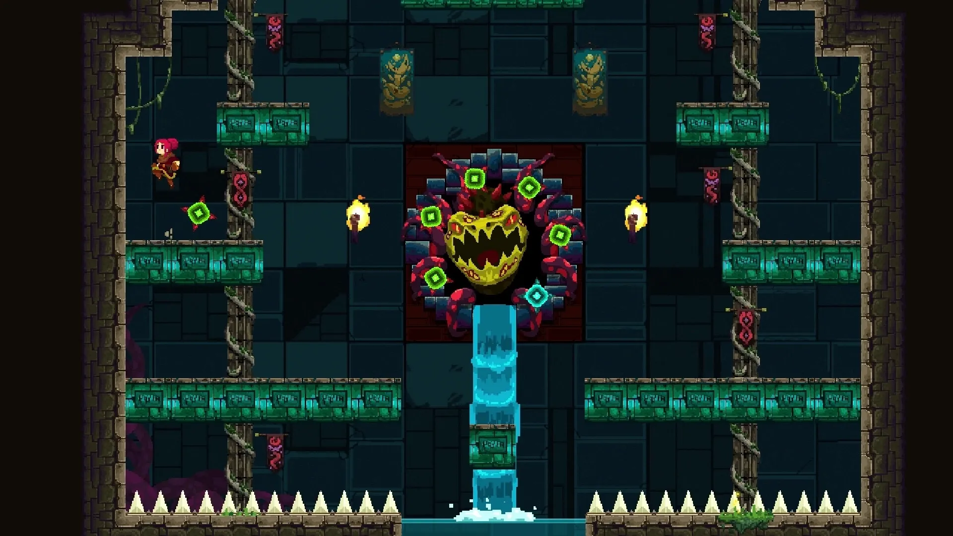 Forgotten Fragments: Enid jumps across platforms avoiding spikes in a dungeon with a monstrous face fountain.