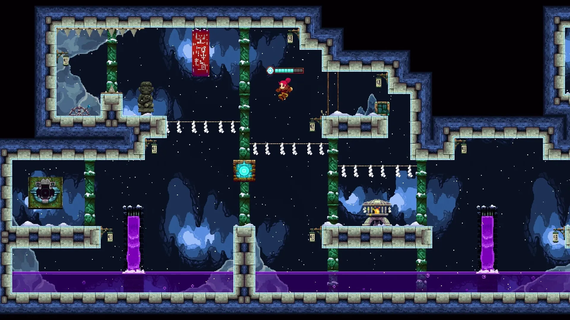 Forgotten Fragments: Enid jumps between platforms in a snowy cave with purple liquid pools and lanterns