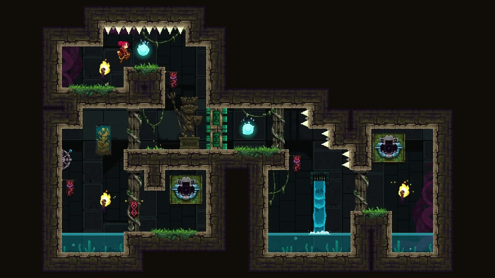 Forgotten Fragments: Enid jumps over spikes in a dungeon filled with torches, vines, and glowing orbs.