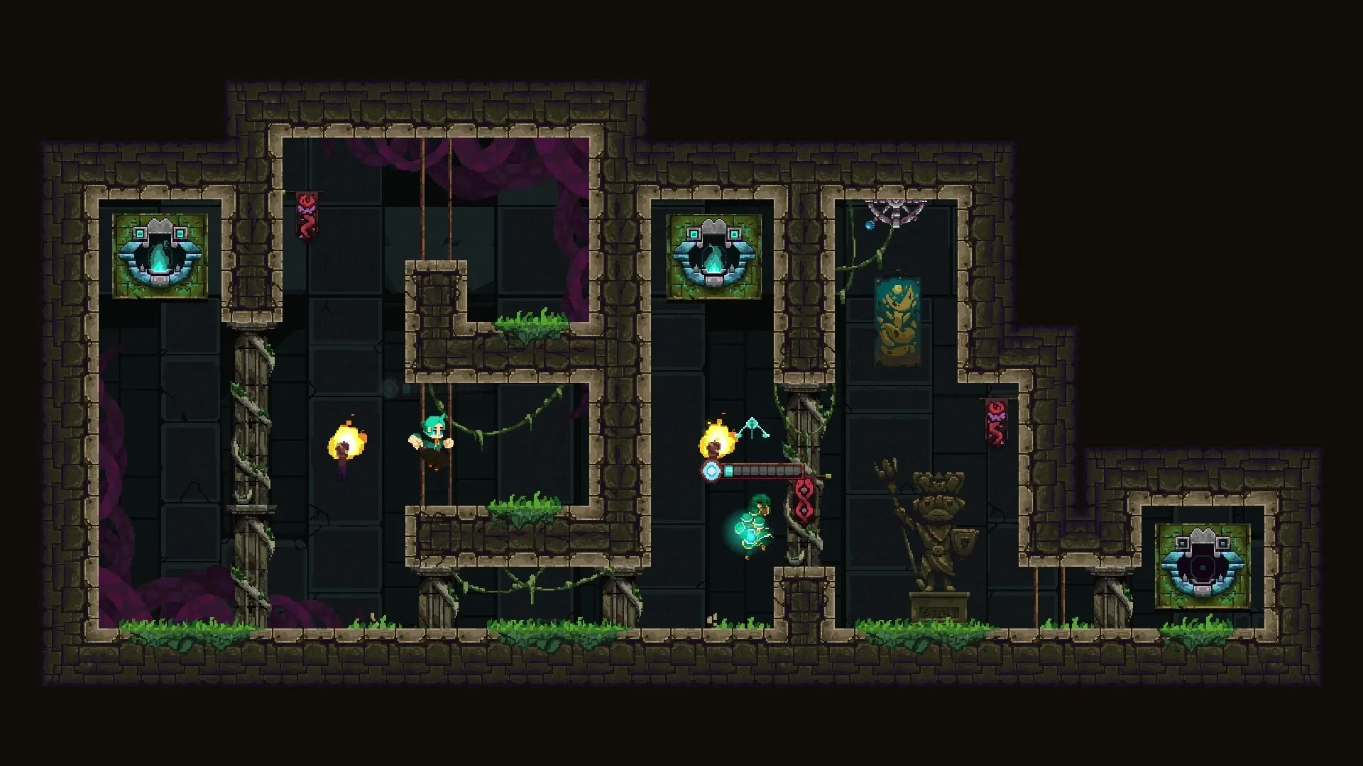 Forgotten Fragments: Enid and Ryder navigate ancient stone labyrinth with glowing orbs and vine-covered walls