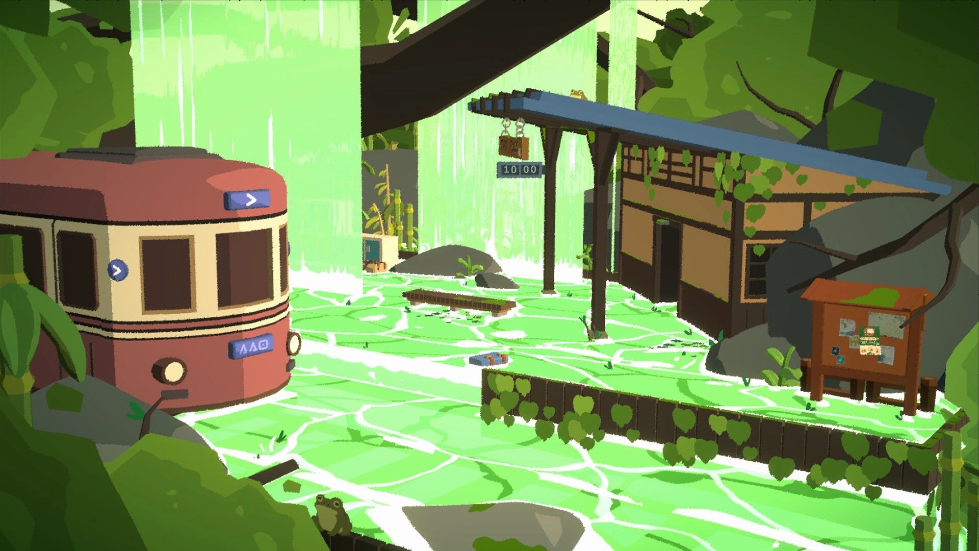 Forgotten Station: Train stop with red railcar and platform sign amid glowing green forest waterfalls.