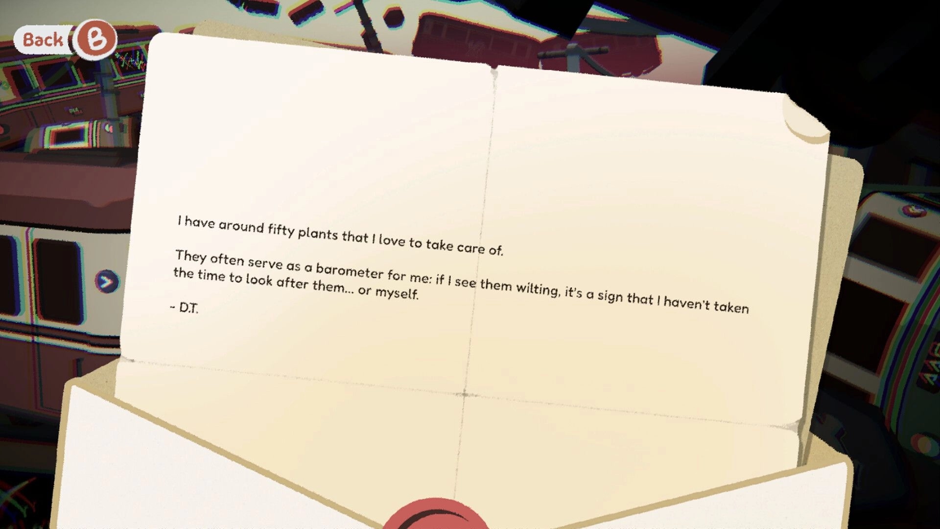 Forgotten Station: Reading a letter about caring for plants with Back button UI in a train cabin.